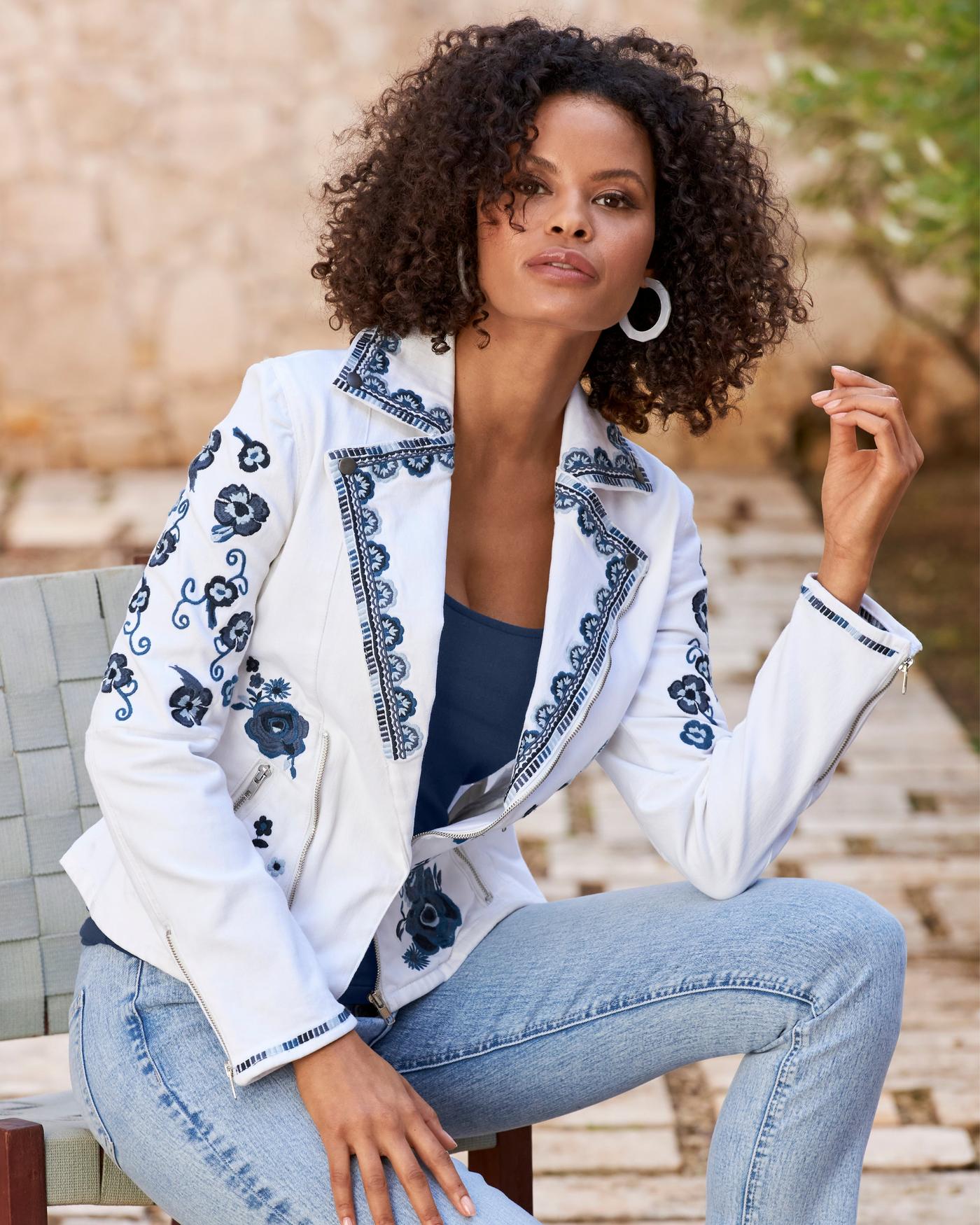 Floral Embroidered Denim Moto Jacket White Multi