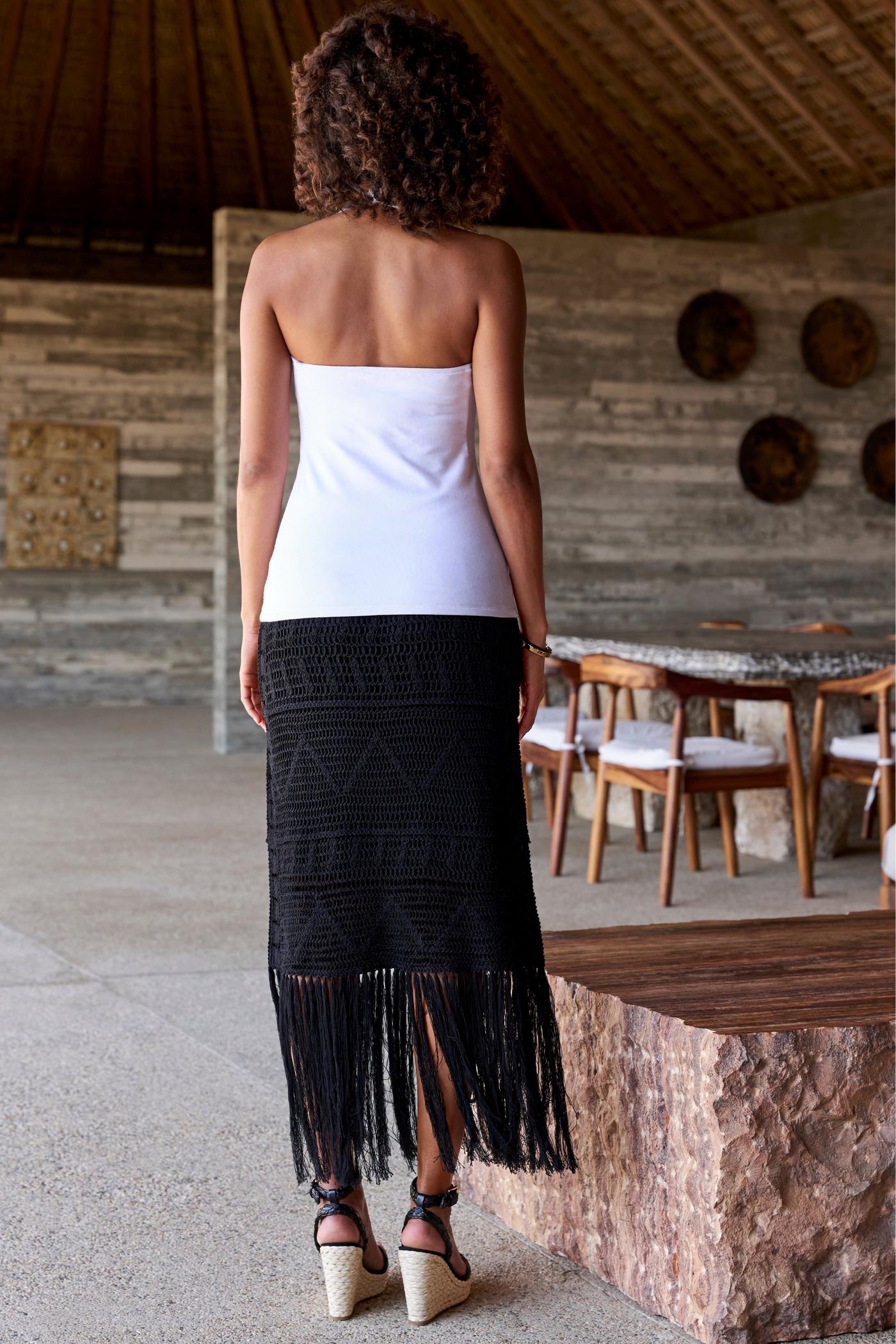 Crochet and Fringe Maxi Skirt Black