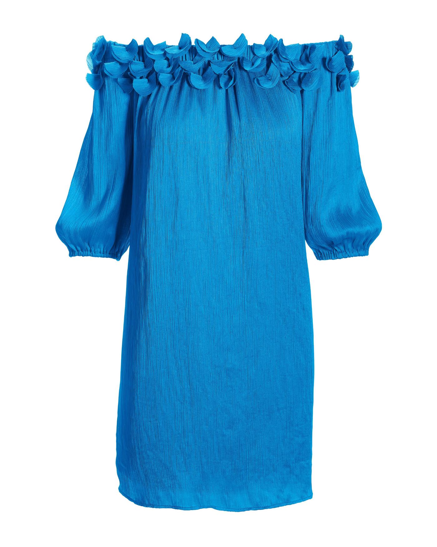 Blue dress Vasilina with embroidery, X-shaped silhouette, zipper on the  back, pockets in the side seams.