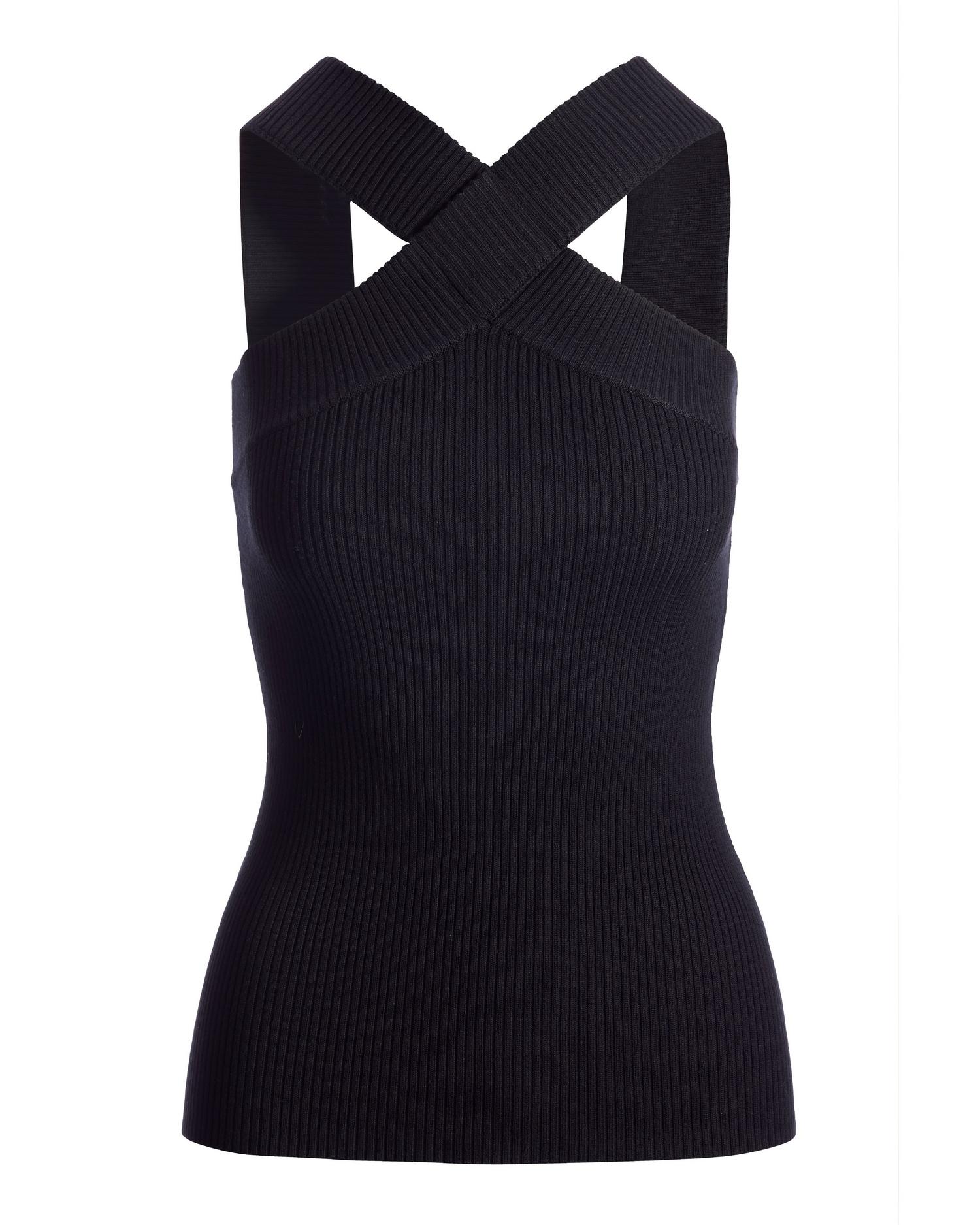 Ribbed High Neck Cross Front Tank - Black | Boston Proper