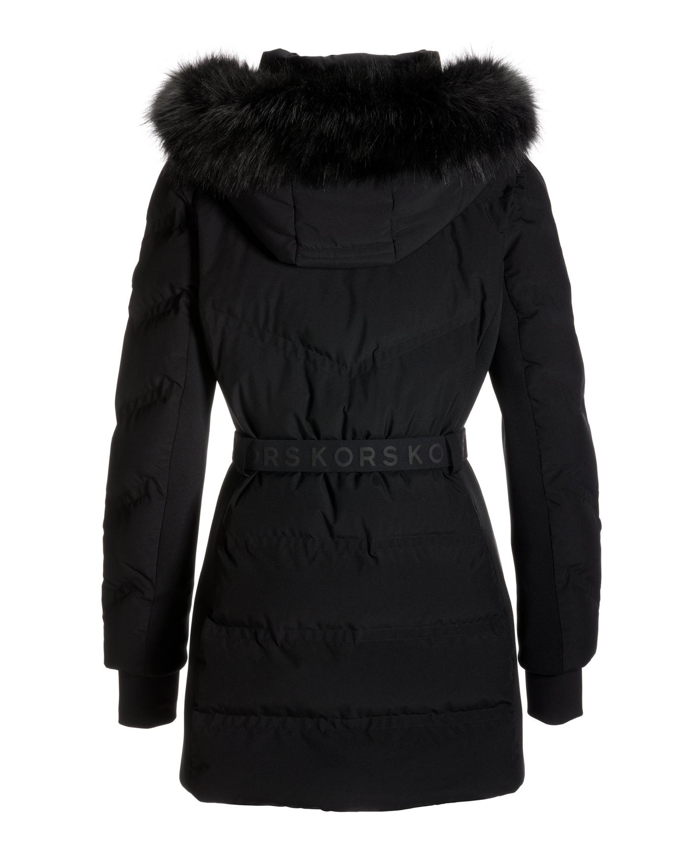 Faux Fur Trim Shaped Belted Puffer Jacket Black