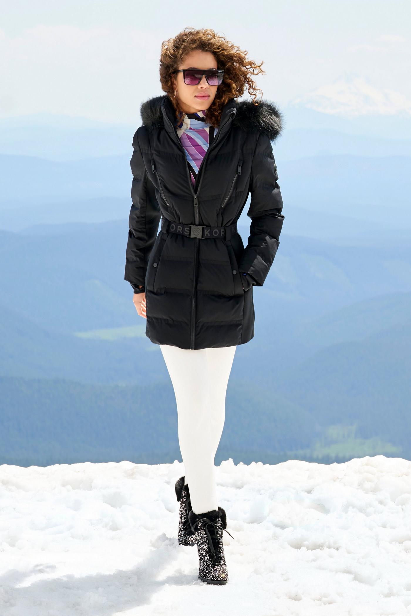 Belted Faux Fur Trim Puffer Jacket - Black