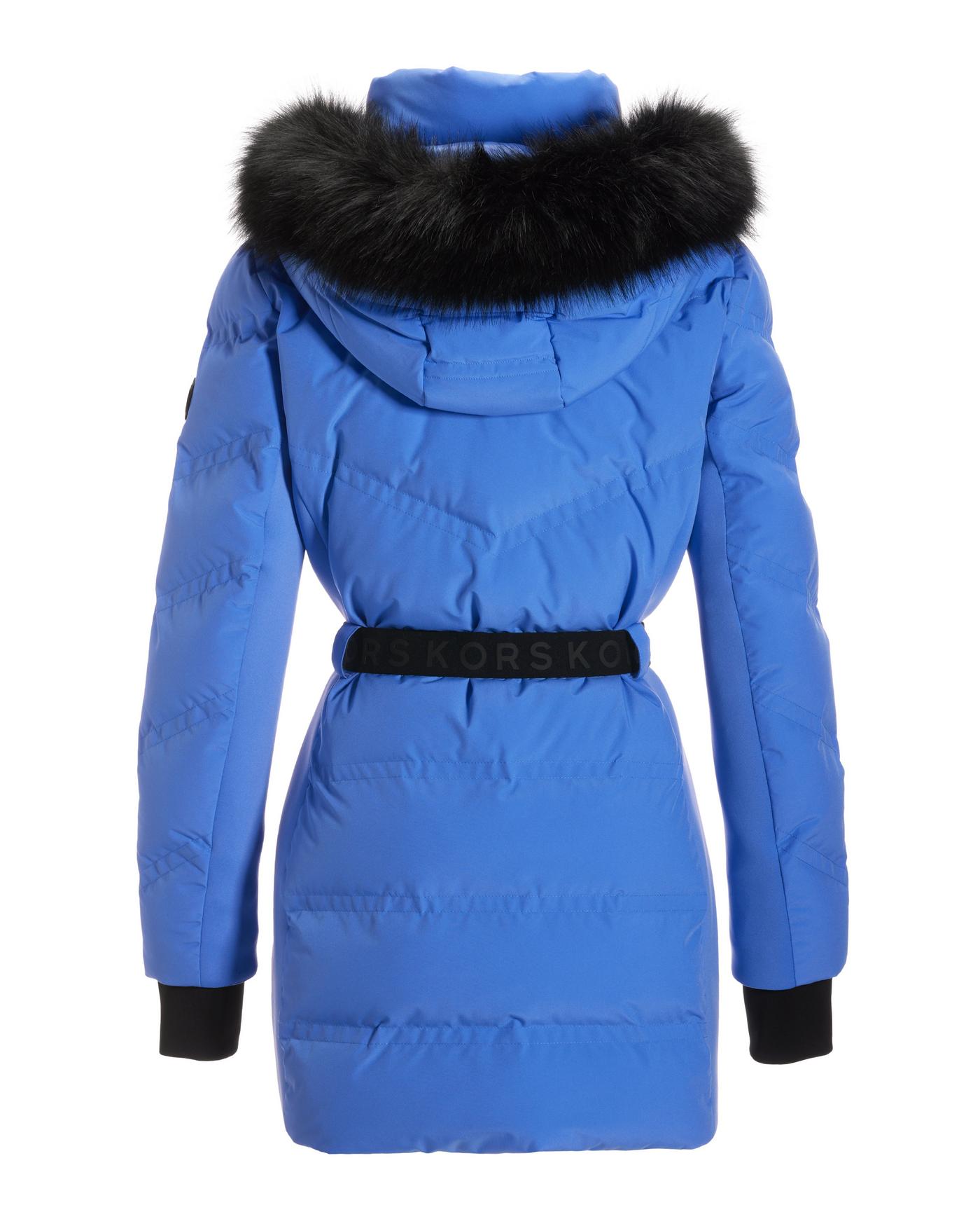 Faux Fur Trim Shaped Belted Puffer Jacket - Blue