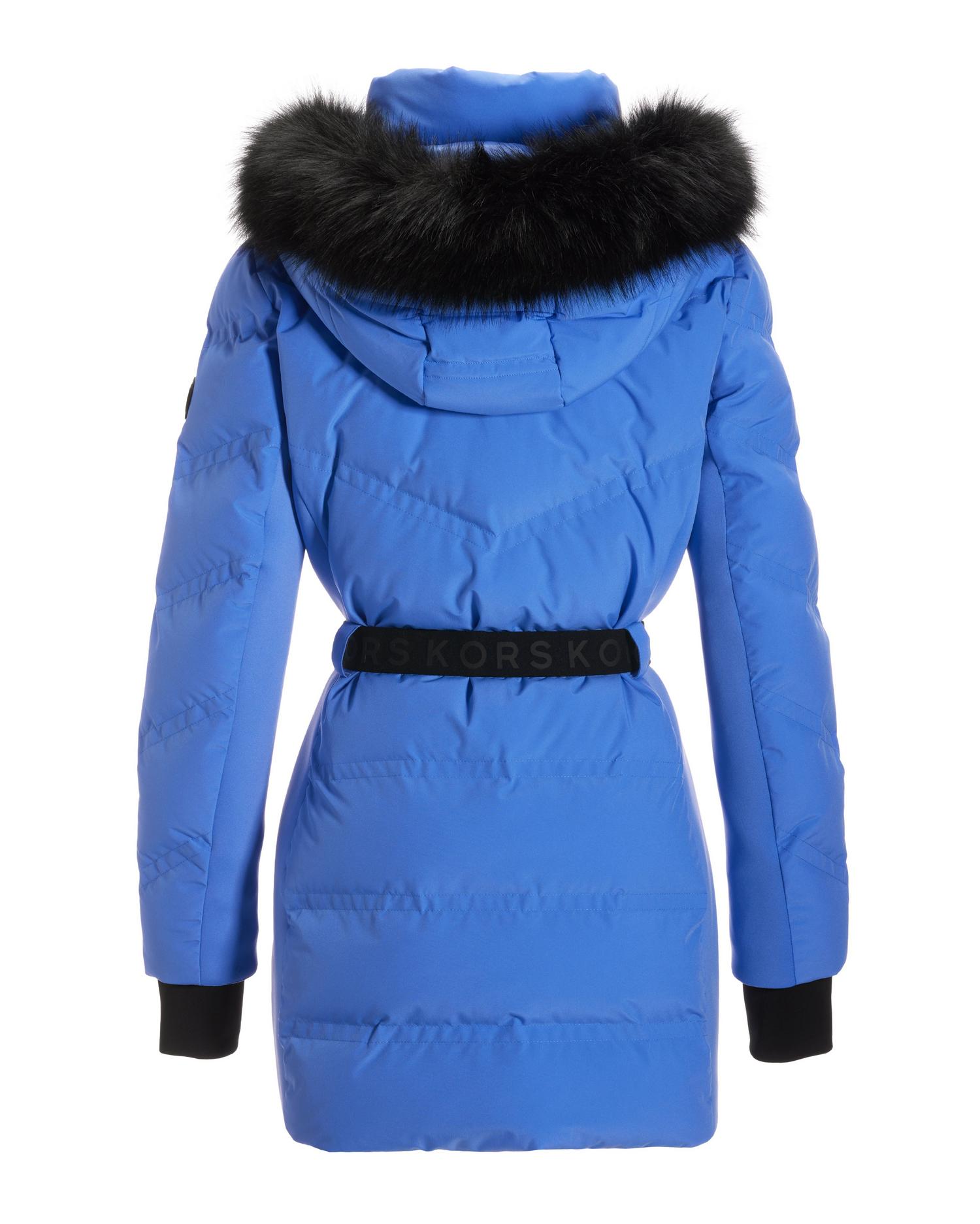 Faux Fur Trim Shaped Belted Puffer Jacket - Blue | Boston Proper