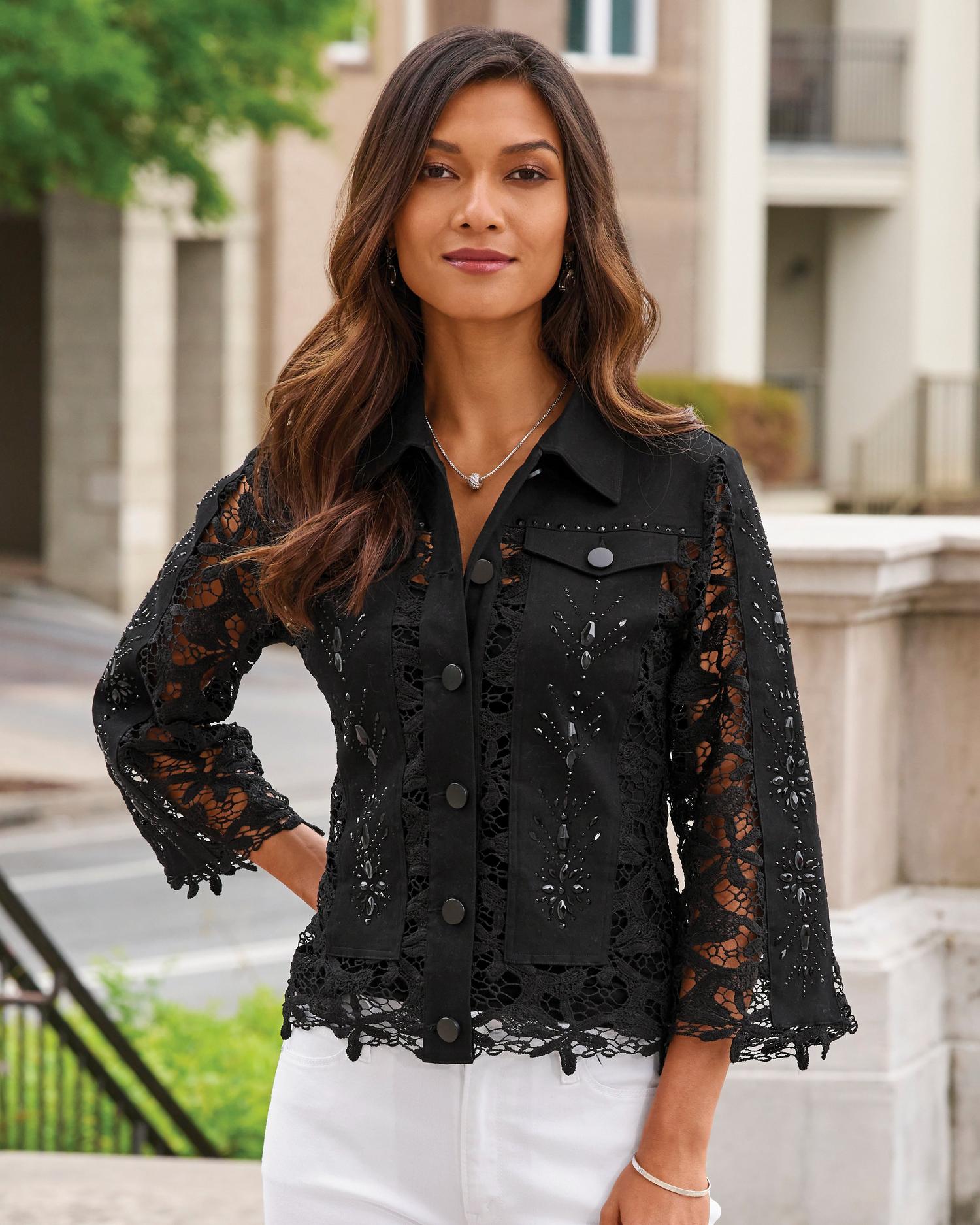 Embellished Lace Three-Quarter Sleeve Denim Jacket - Black