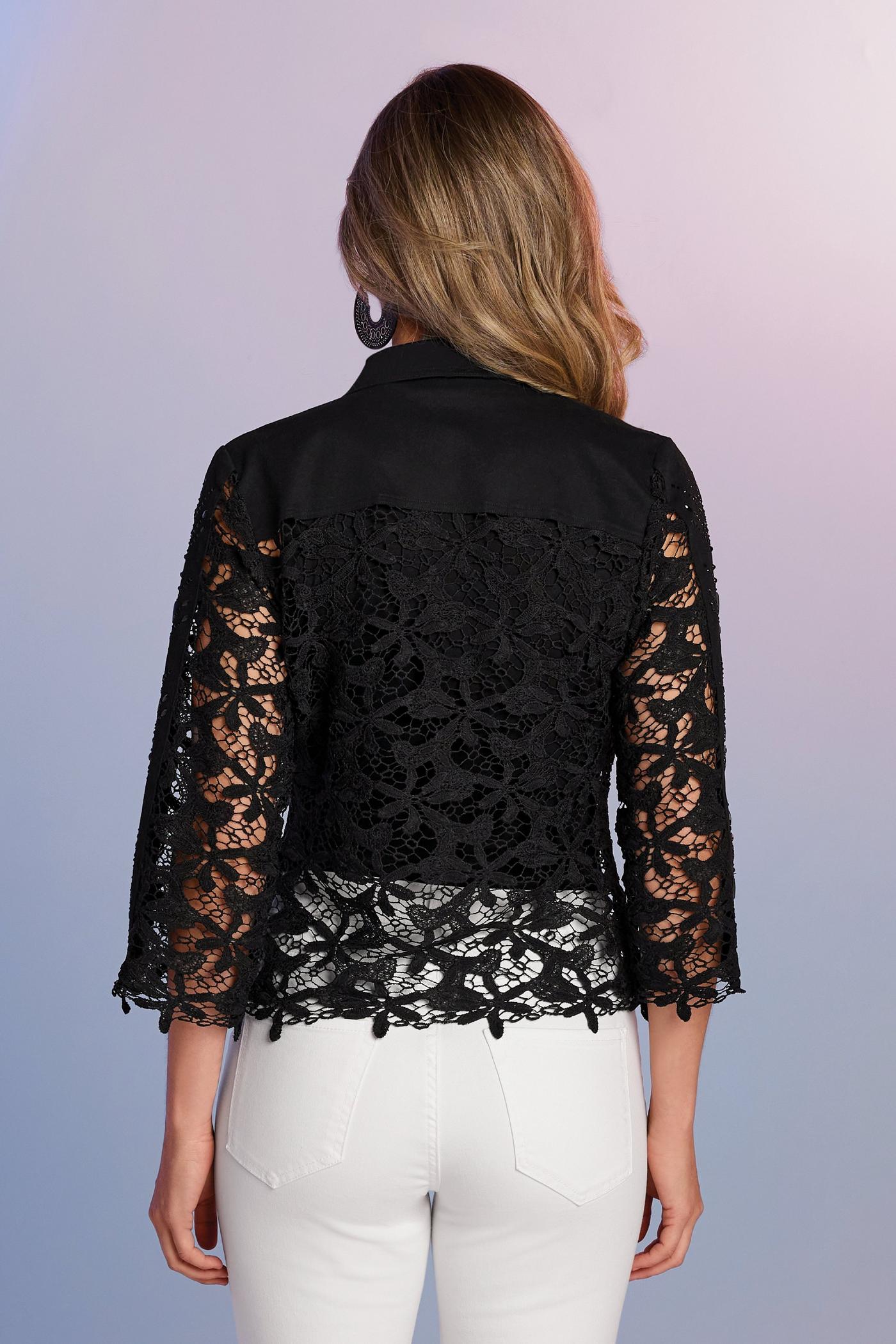 Embellished Lace Three-Quarter Sleeve Denim Jacket - Black