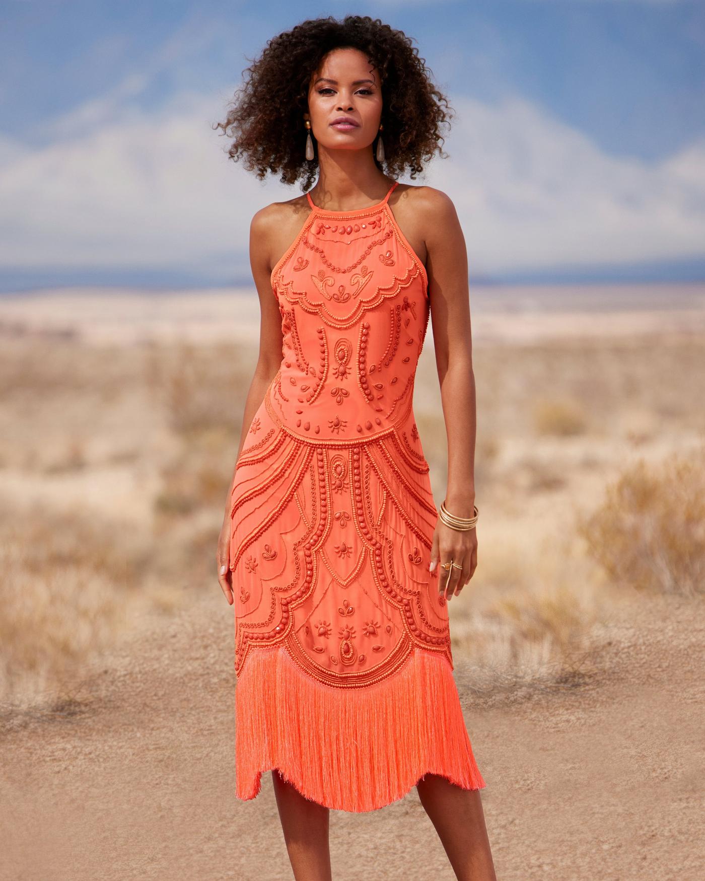 Hand Beaded Fringe Shift Dress Coral Boston Proper