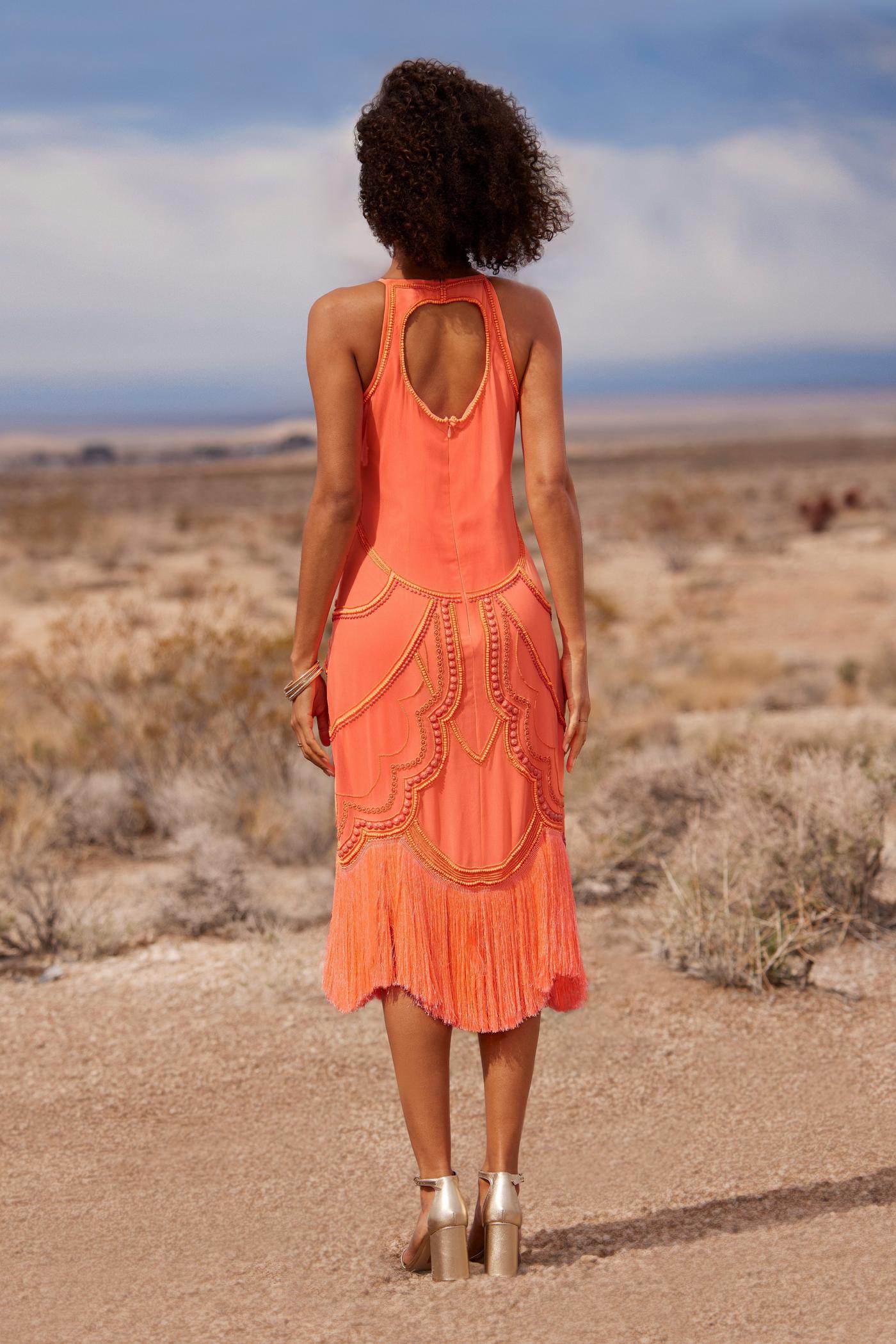 Hand Beaded Fringe Shift Dress Coral Orange Boston Proper