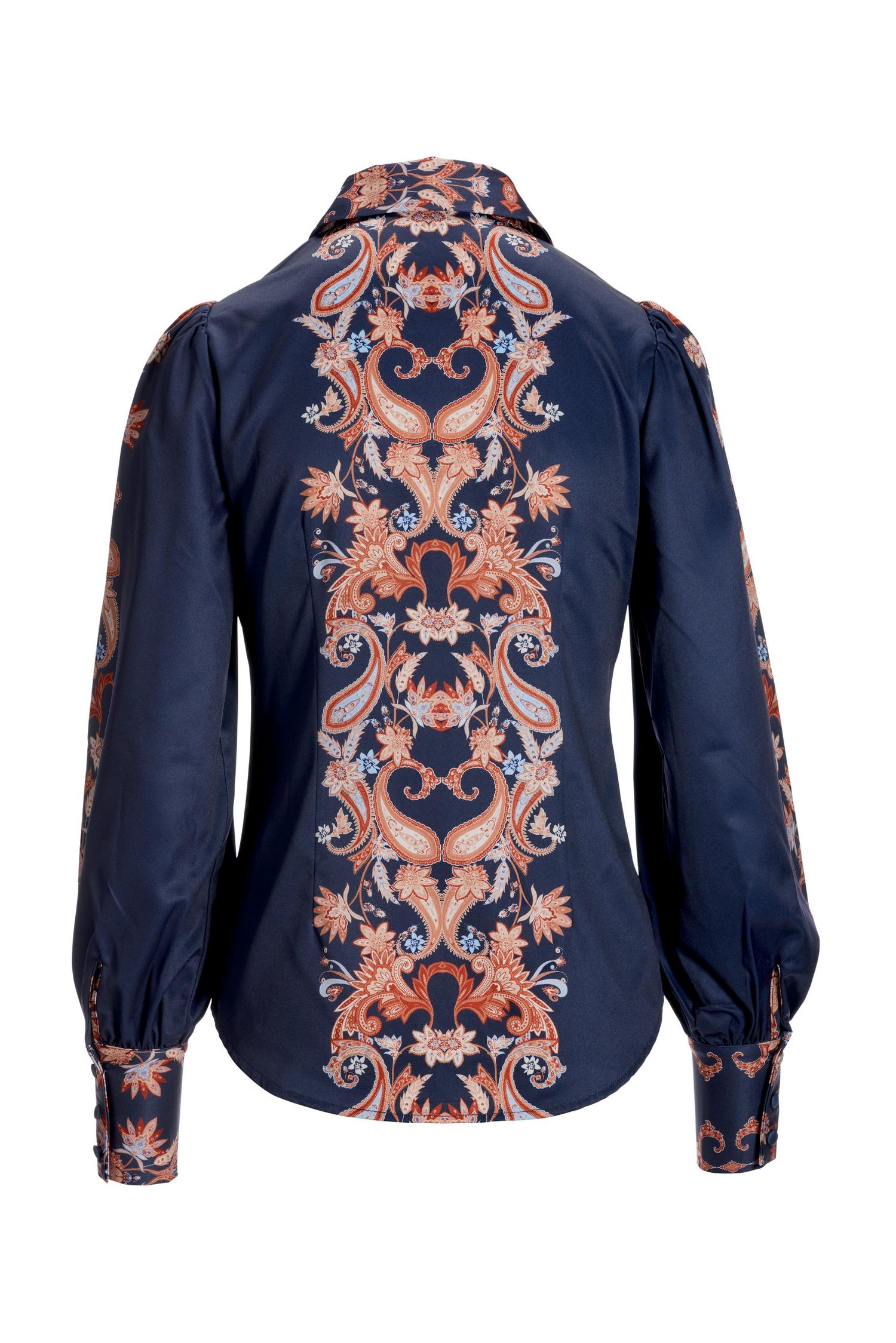 Paisley Scroll Print Victoria Chic Drama Sleeve Shirt Navy