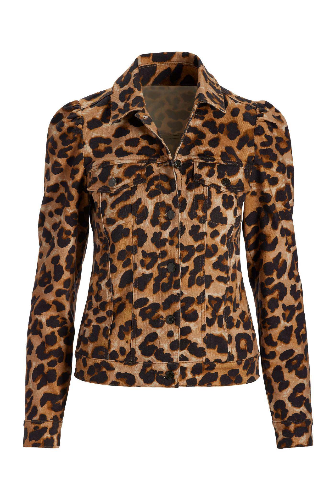 Exploded Cheetah Print Denim Puff Sleeve Jacket Neutral Boston