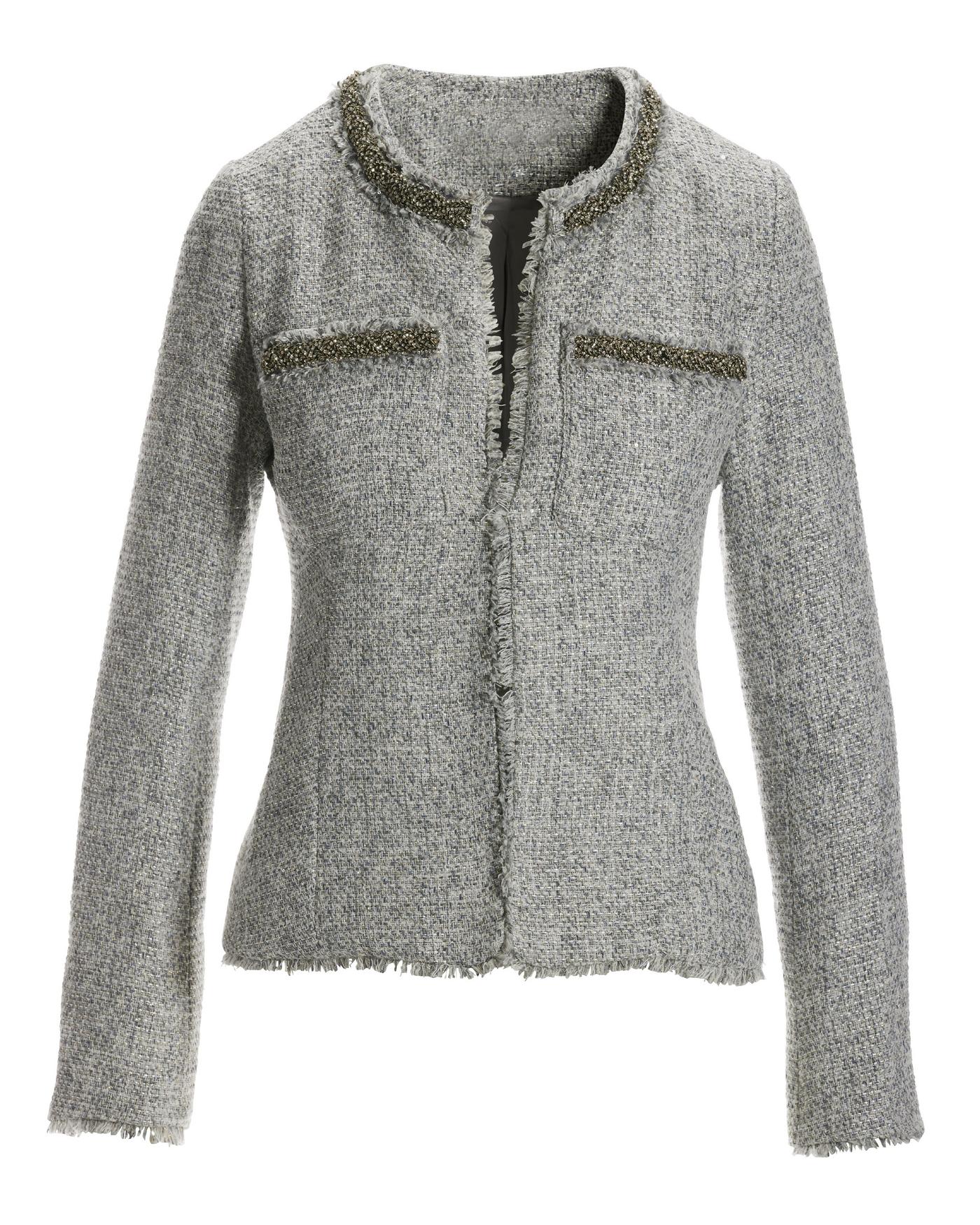 Crystal Trim Collarless Tweed Jacket Gray