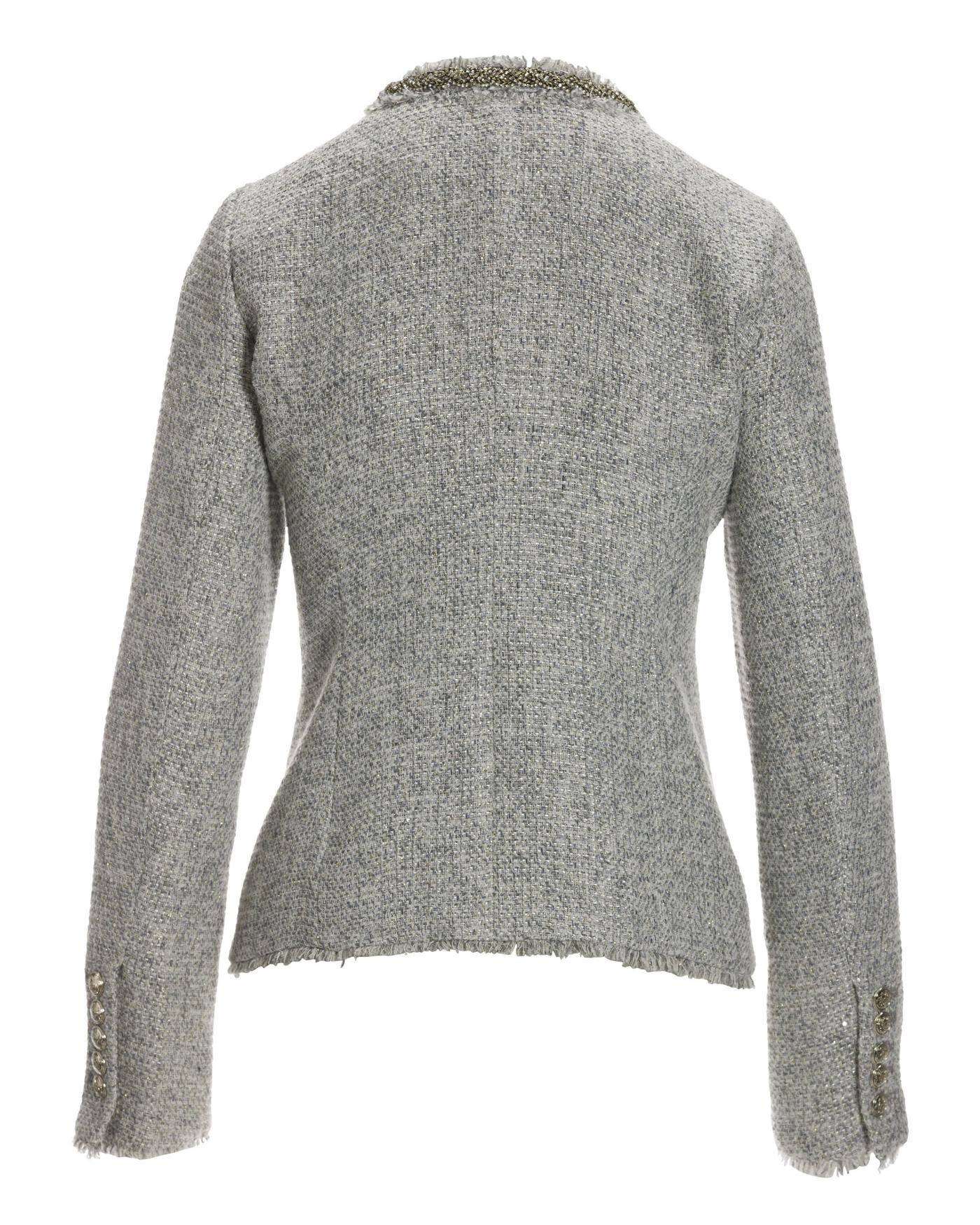 Crystal Trim Collarless Tweed Jacket Gray