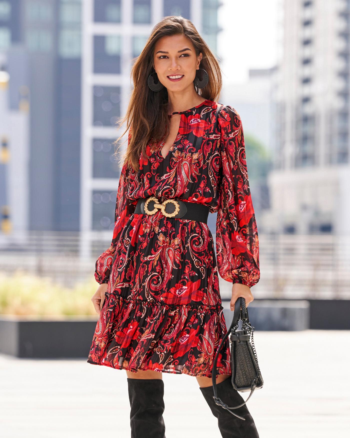 Paisley Garden Mix Print Keyhole Fit and Flare Dress - Red/Black