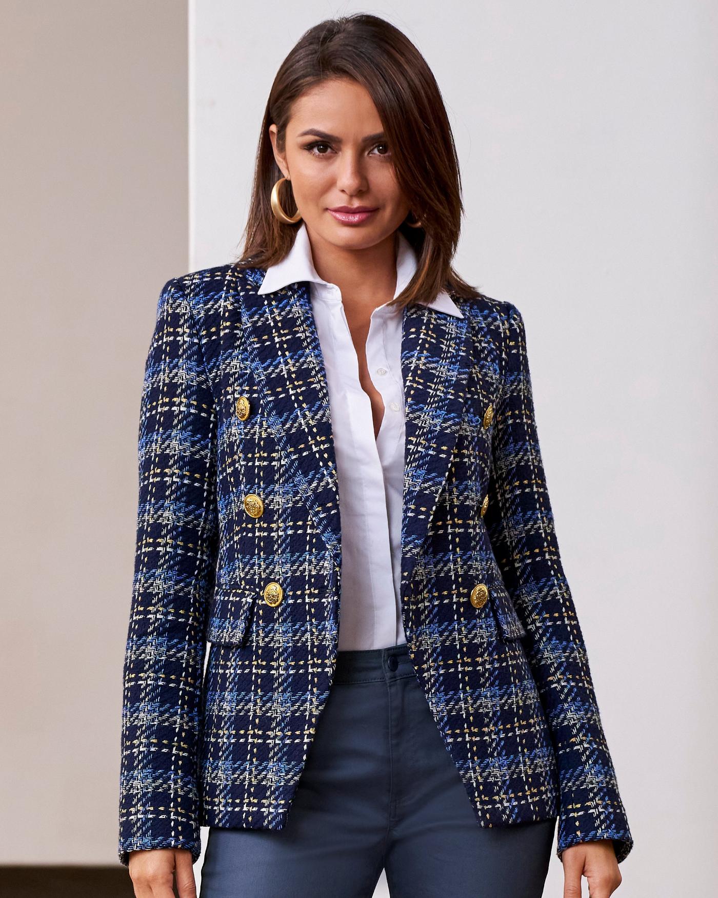 Blue checked blazer womens best sale