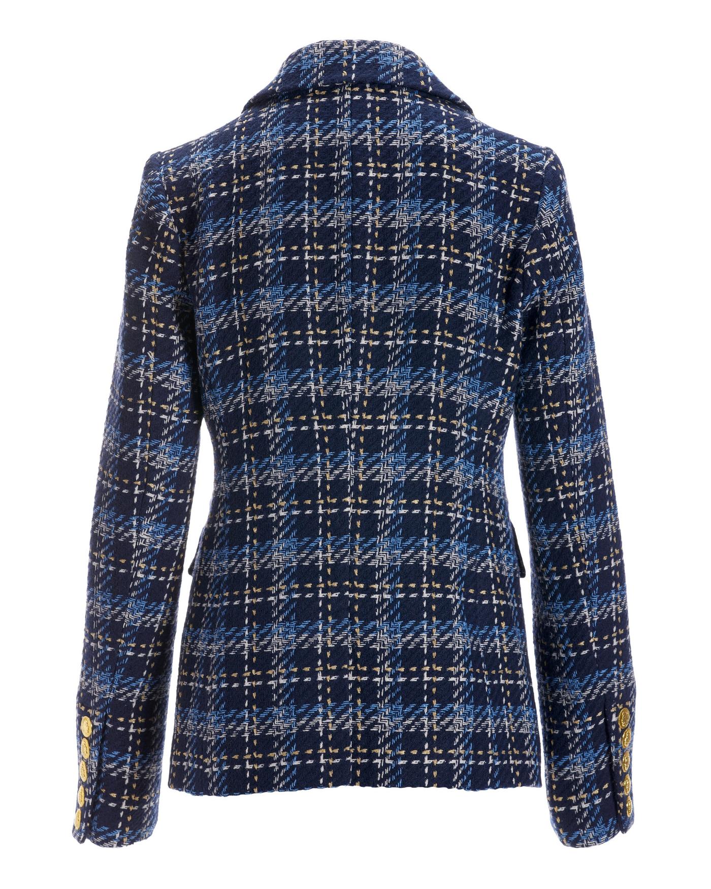 Plaid Tweed Double Breasted Blazer - Blue Multi