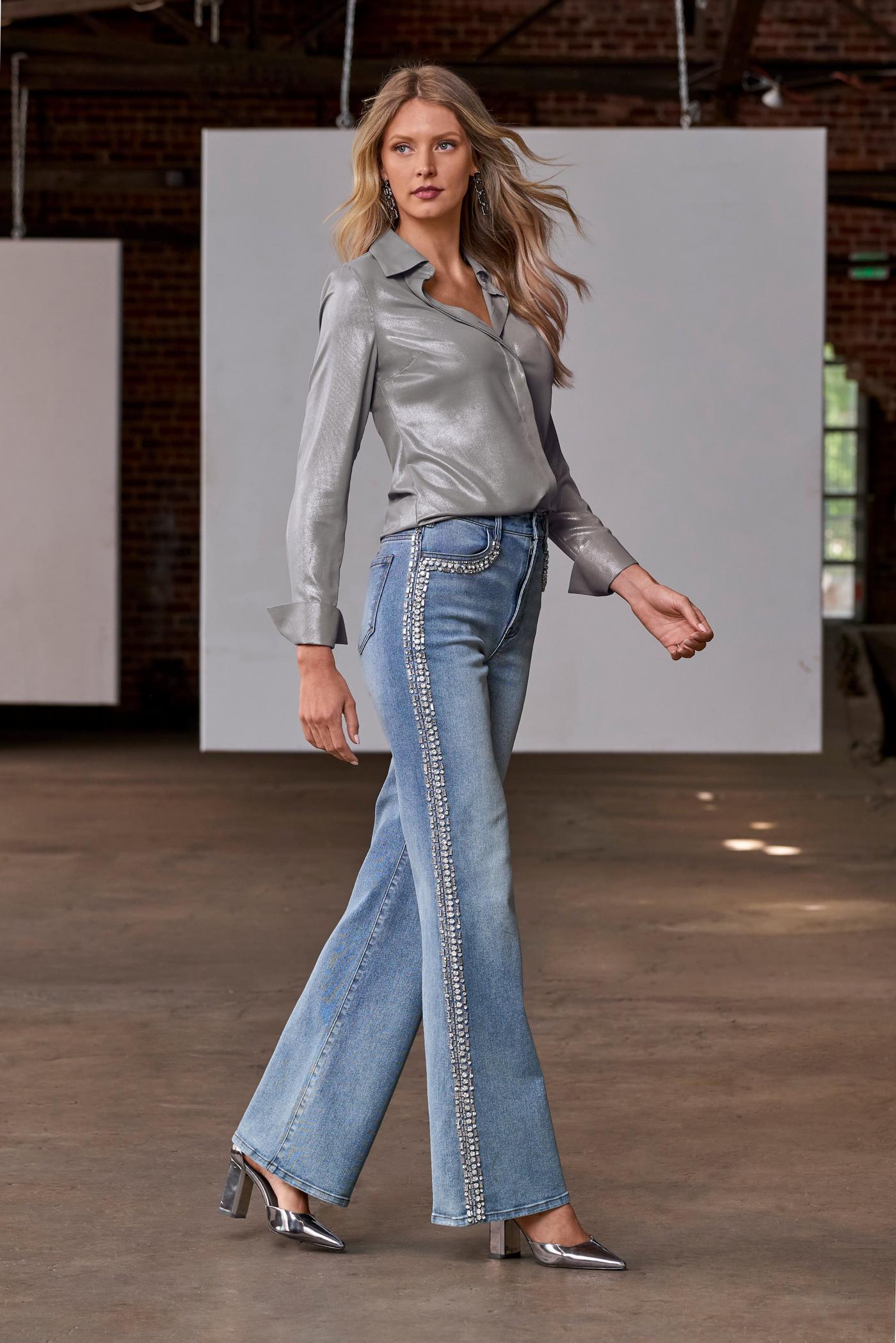 FEELING LIKE A STAR RHINESTONE WIDE LEG JEANS IN LIGHT BLUE DENIM