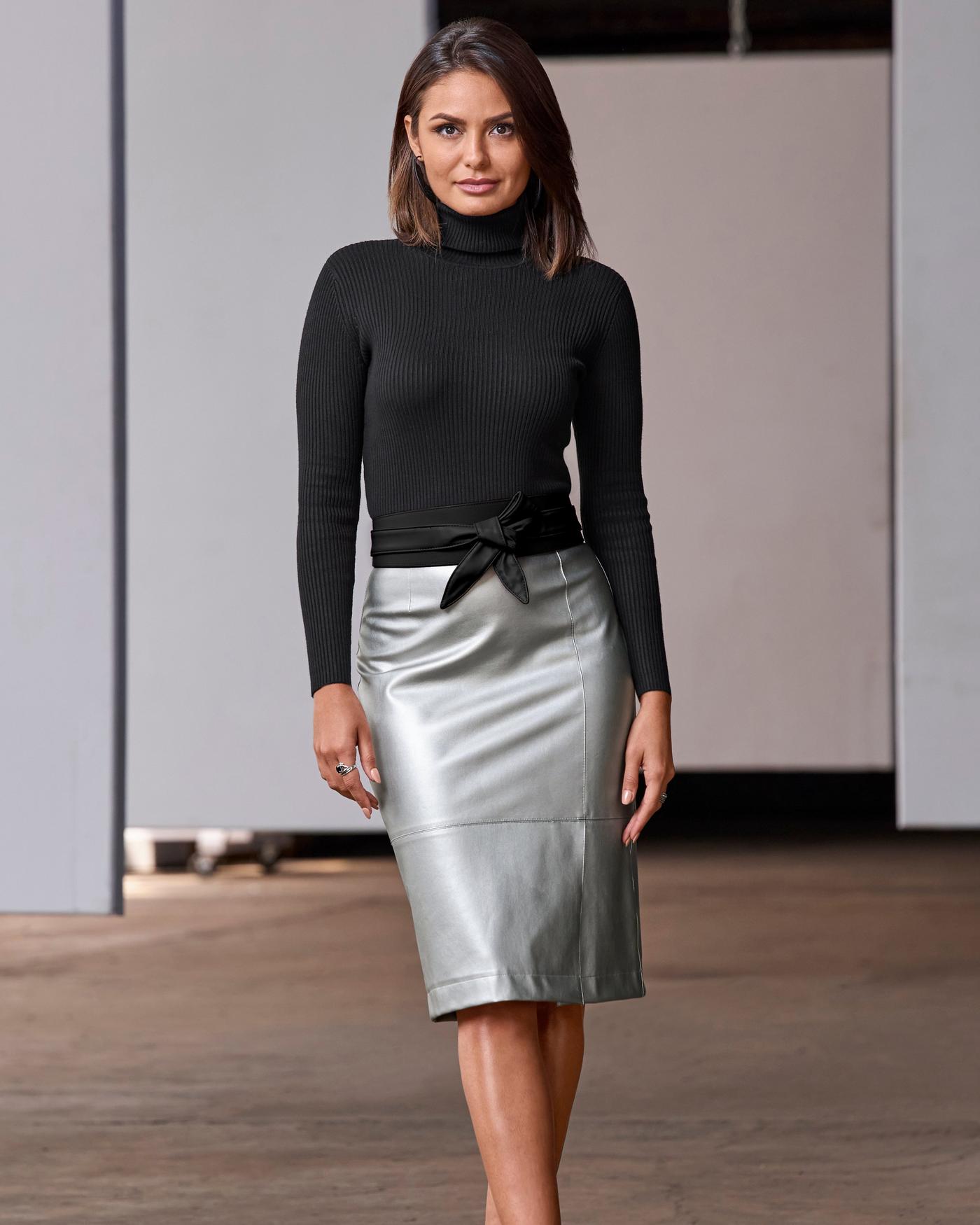Metallic Faux Leather Front Slit Skirt - Silver