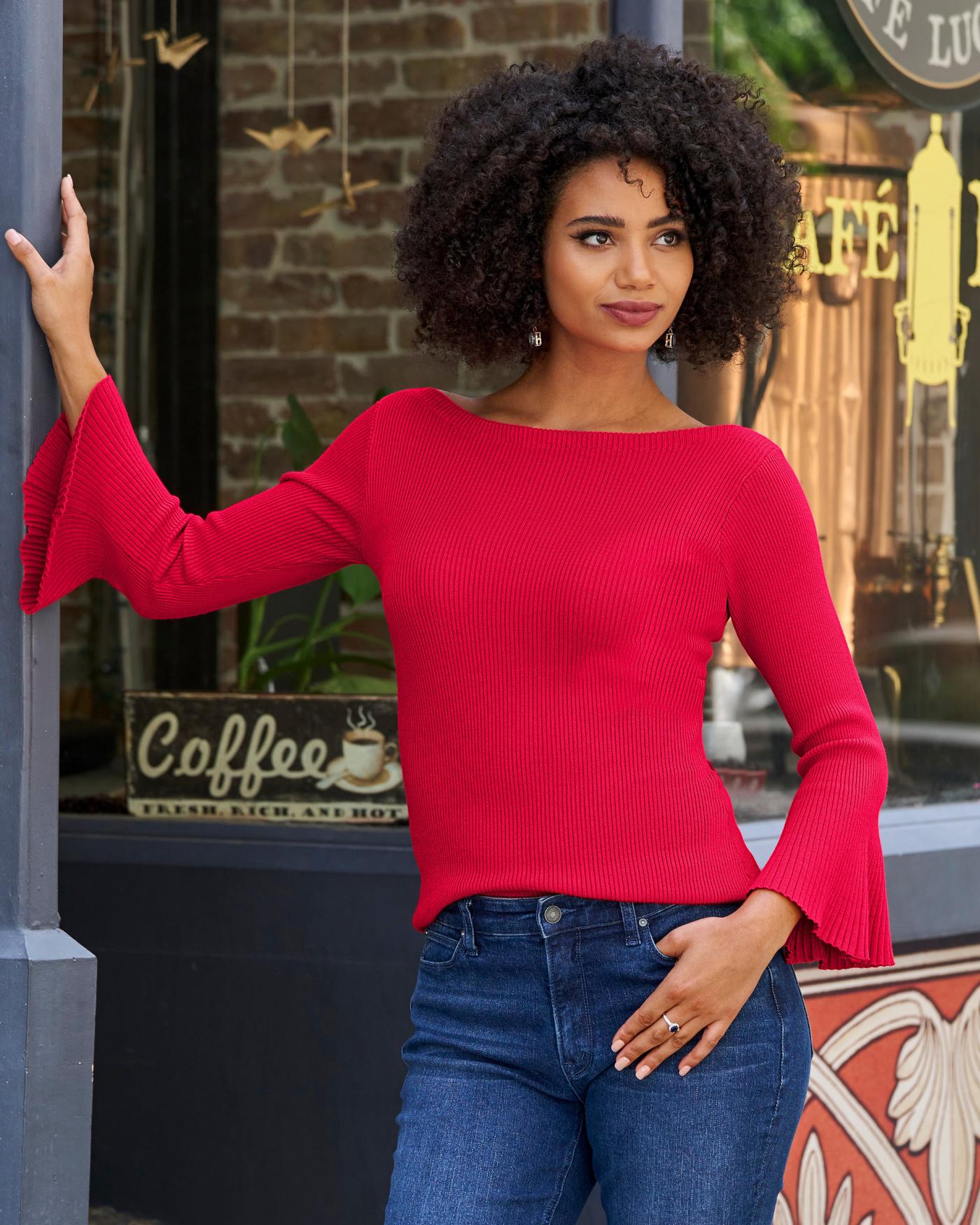 Ribbed Boatneck Flare Sleeve Sweater - Lollipop