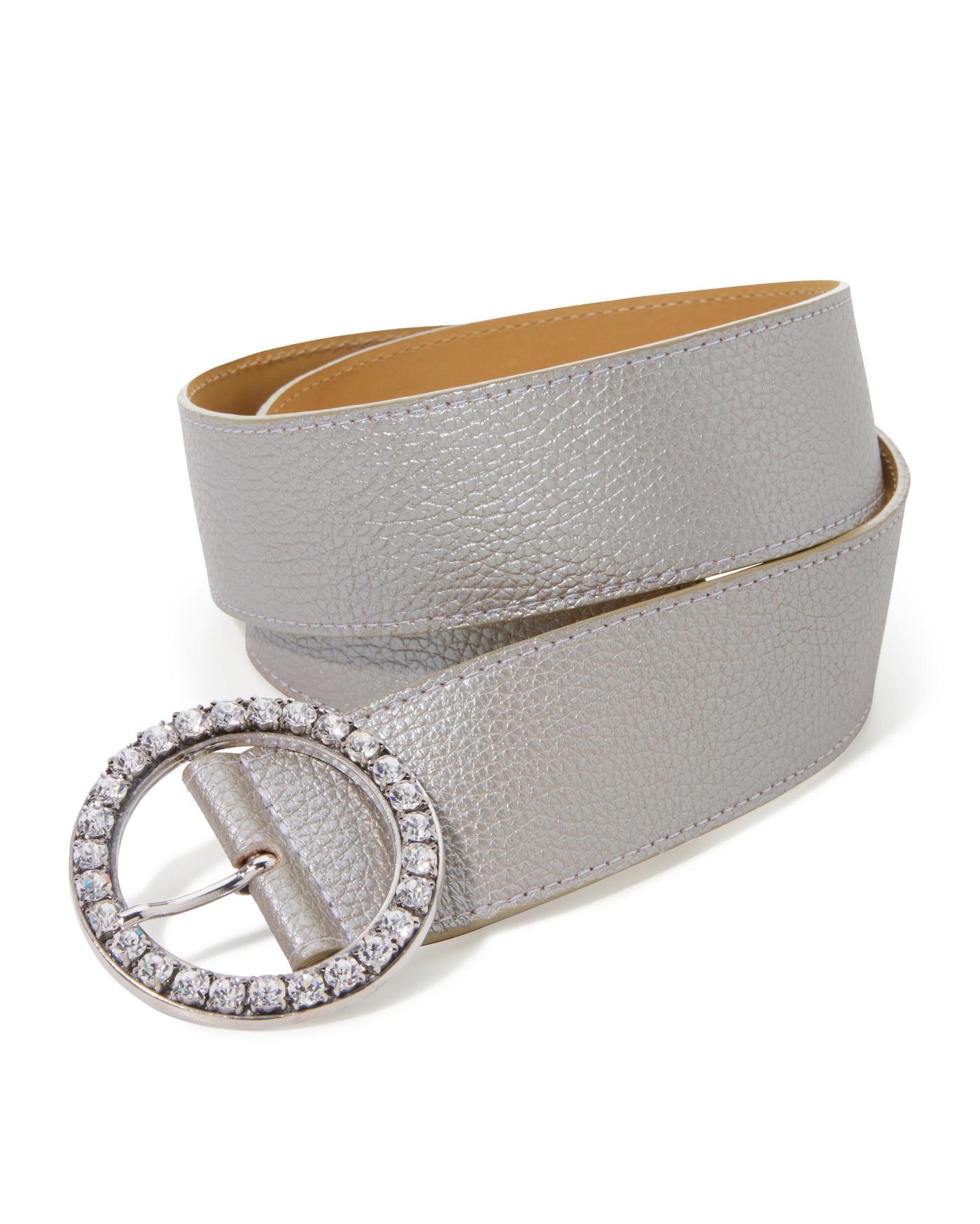 Round Crystal Metallic Leather Belt - Silver