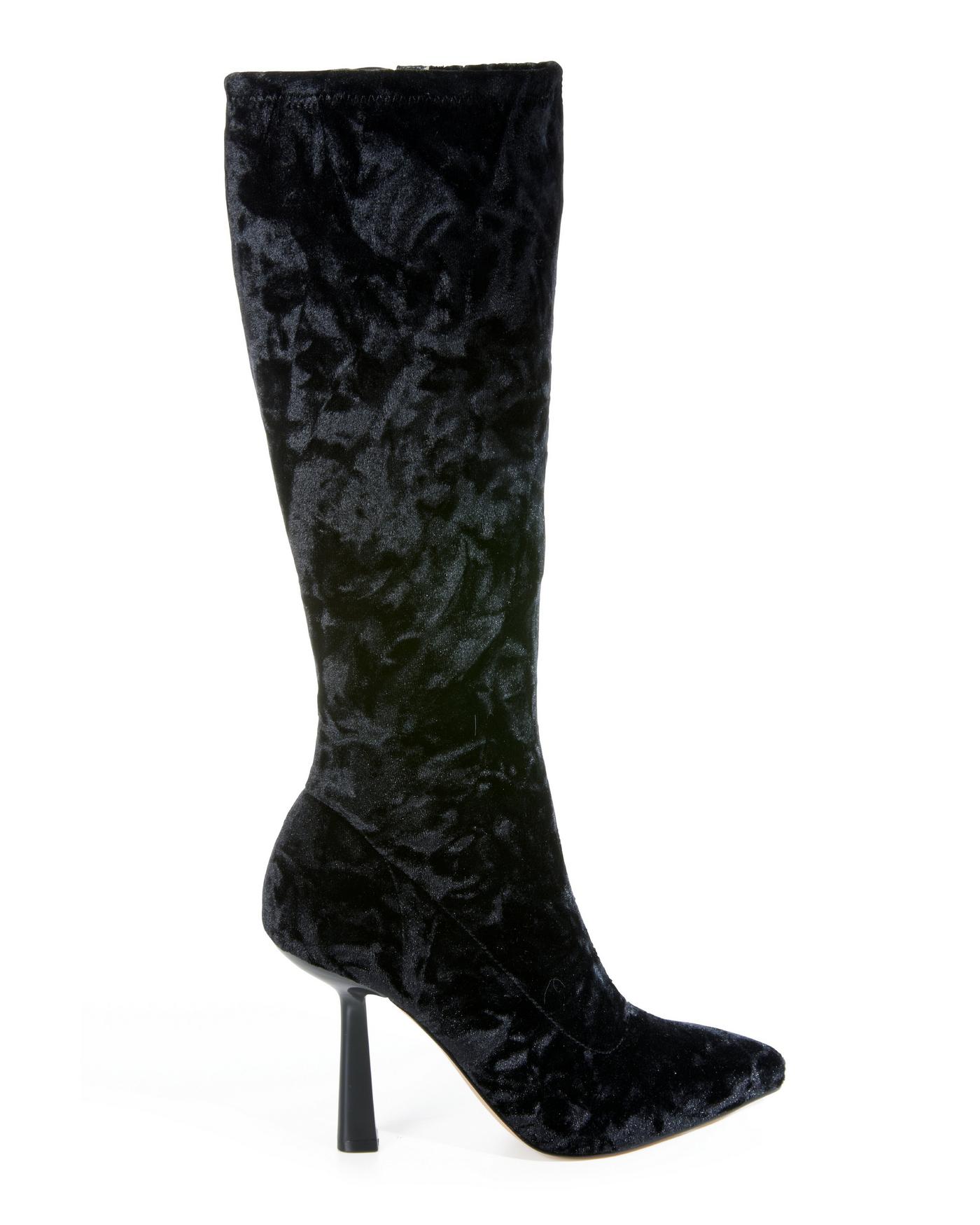 Crushed Velvet Tall Heeled Boot - Black