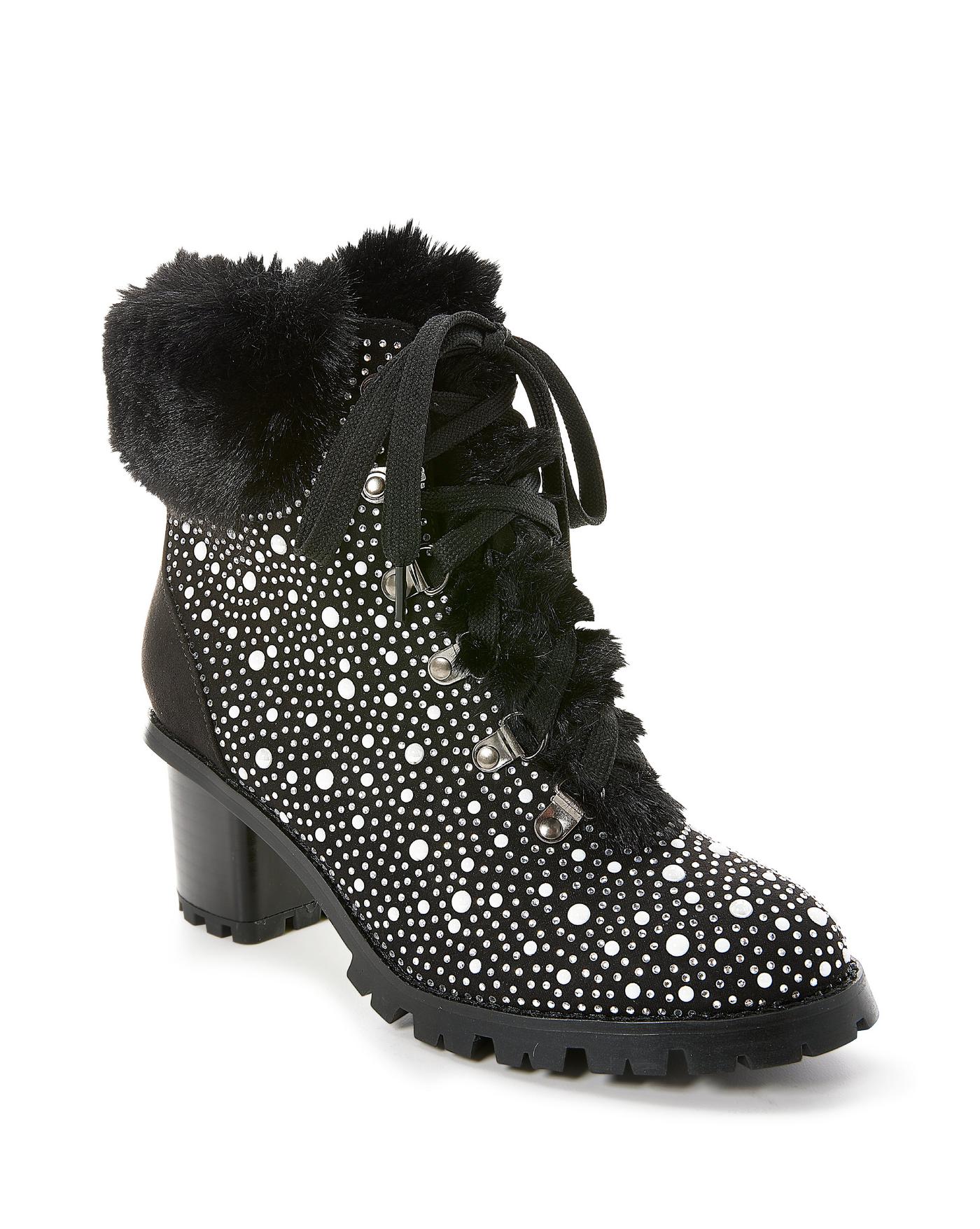 Pearl and Rhinestone Fur Heeled Bootie Black Boston Proper