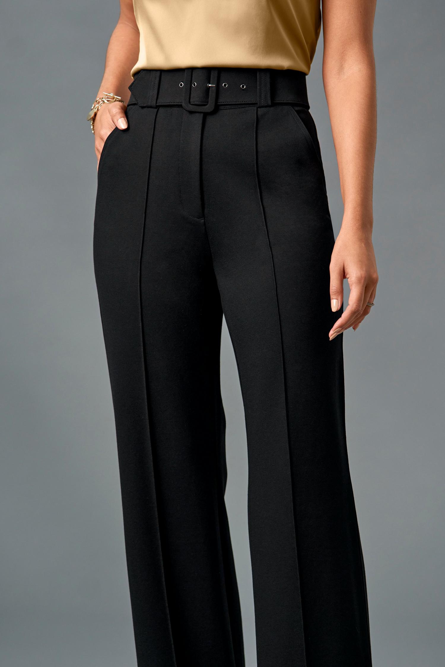 Malibu Belted Ponte High Waist Wide Leg Trouser Pant Black