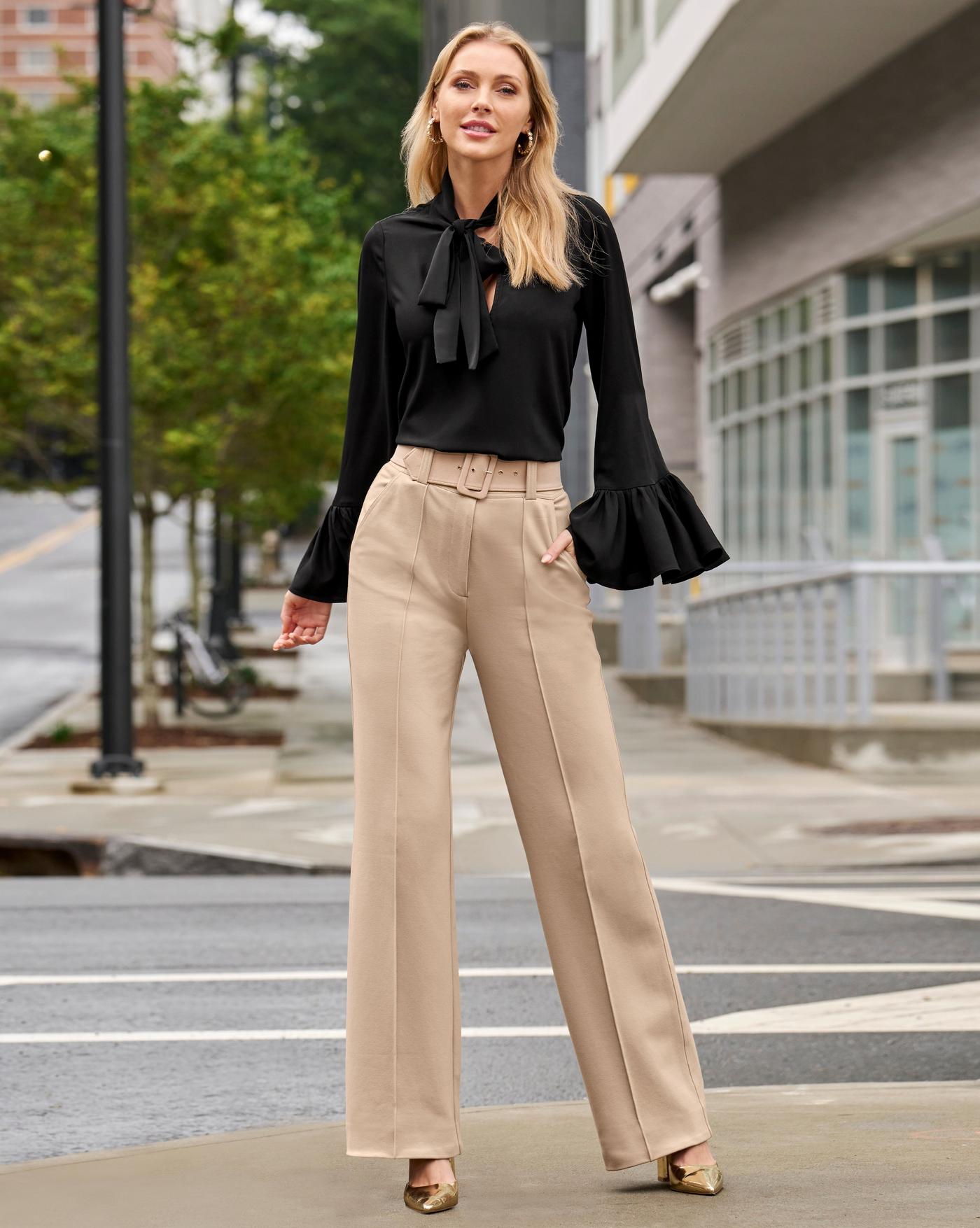 Malibu Belted Ponte High Waist Wide Leg Trouser Pant Sesame