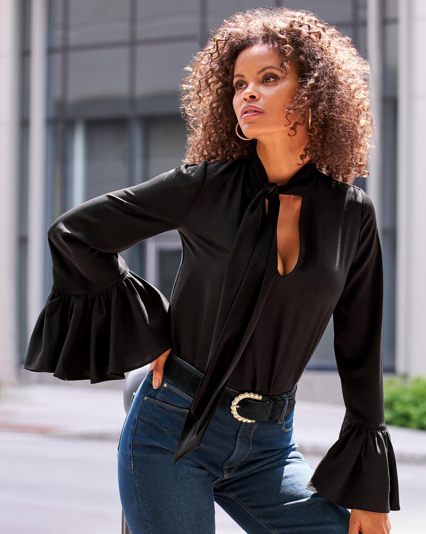 Keyhole Tie Neck Ruffle Sleeve Blouse Black