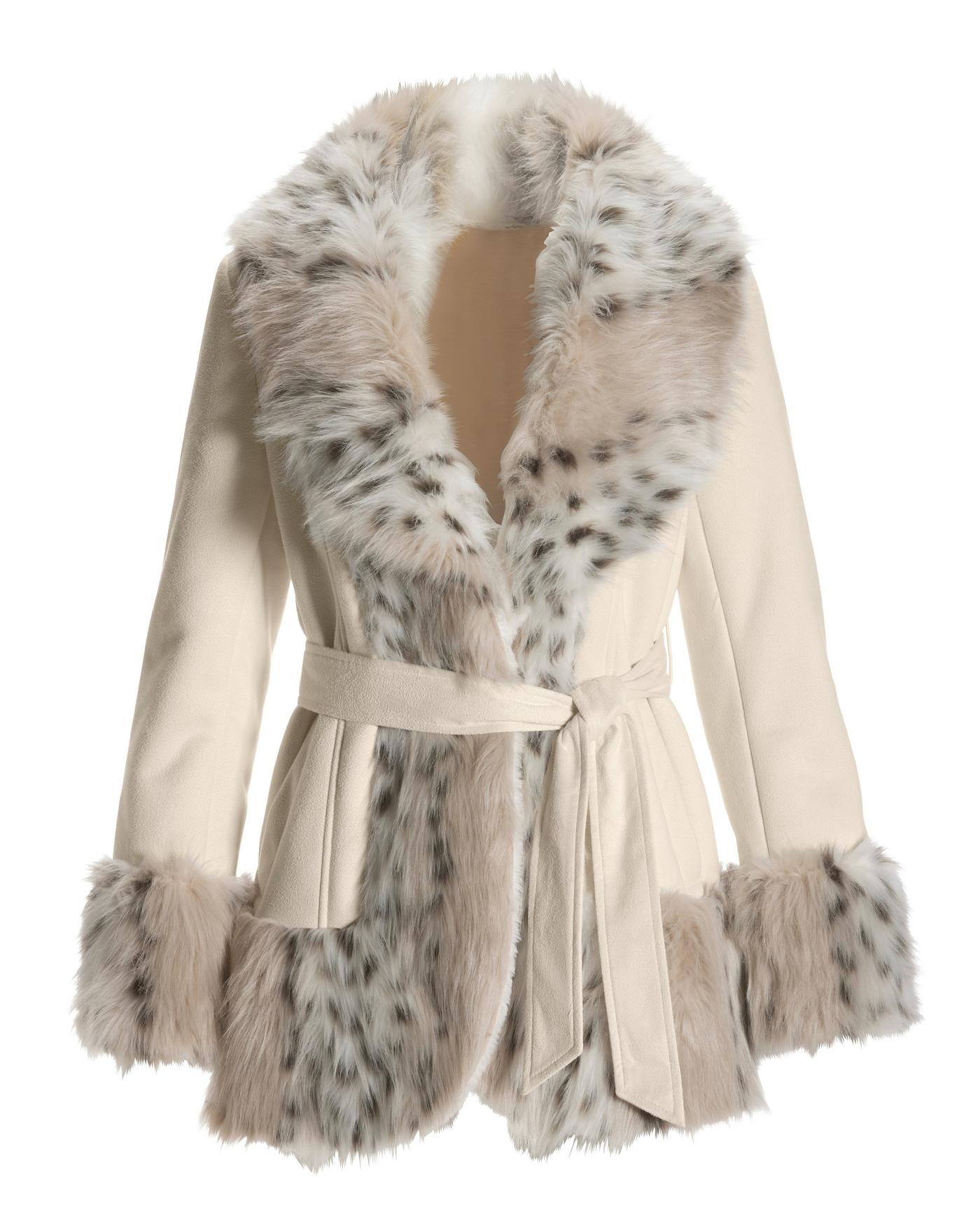 Leopard Print Faux Fur Trim Coat - Ivory