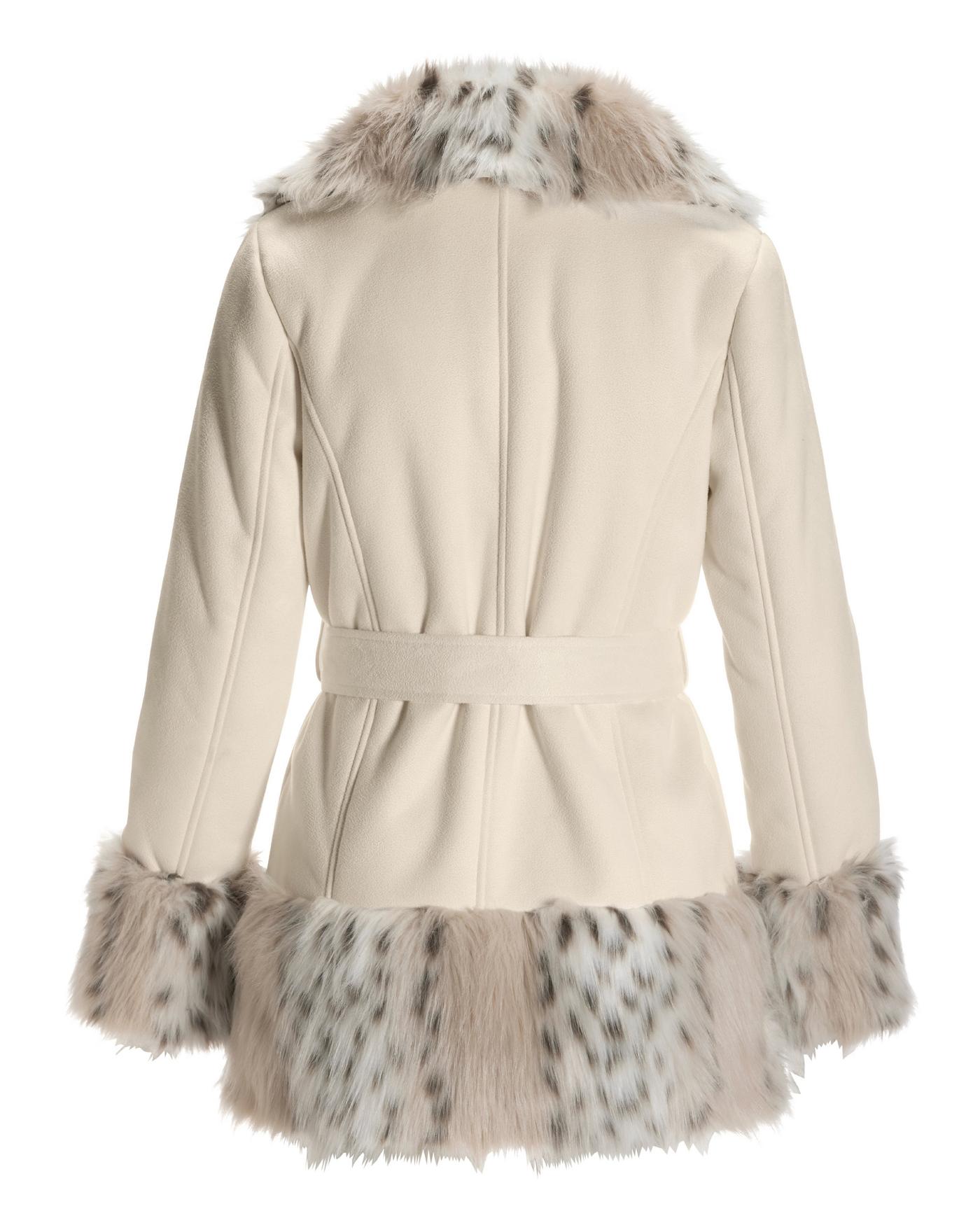 Leopard Print Faux Fur Trim Coat Ivory