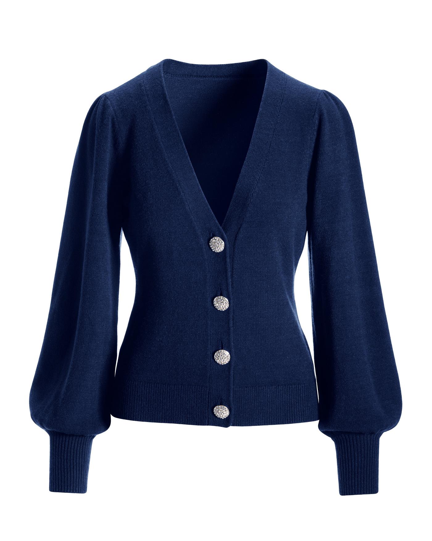 Embellished Button Puff Sleeve Cardigan - Navy | Boston Proper