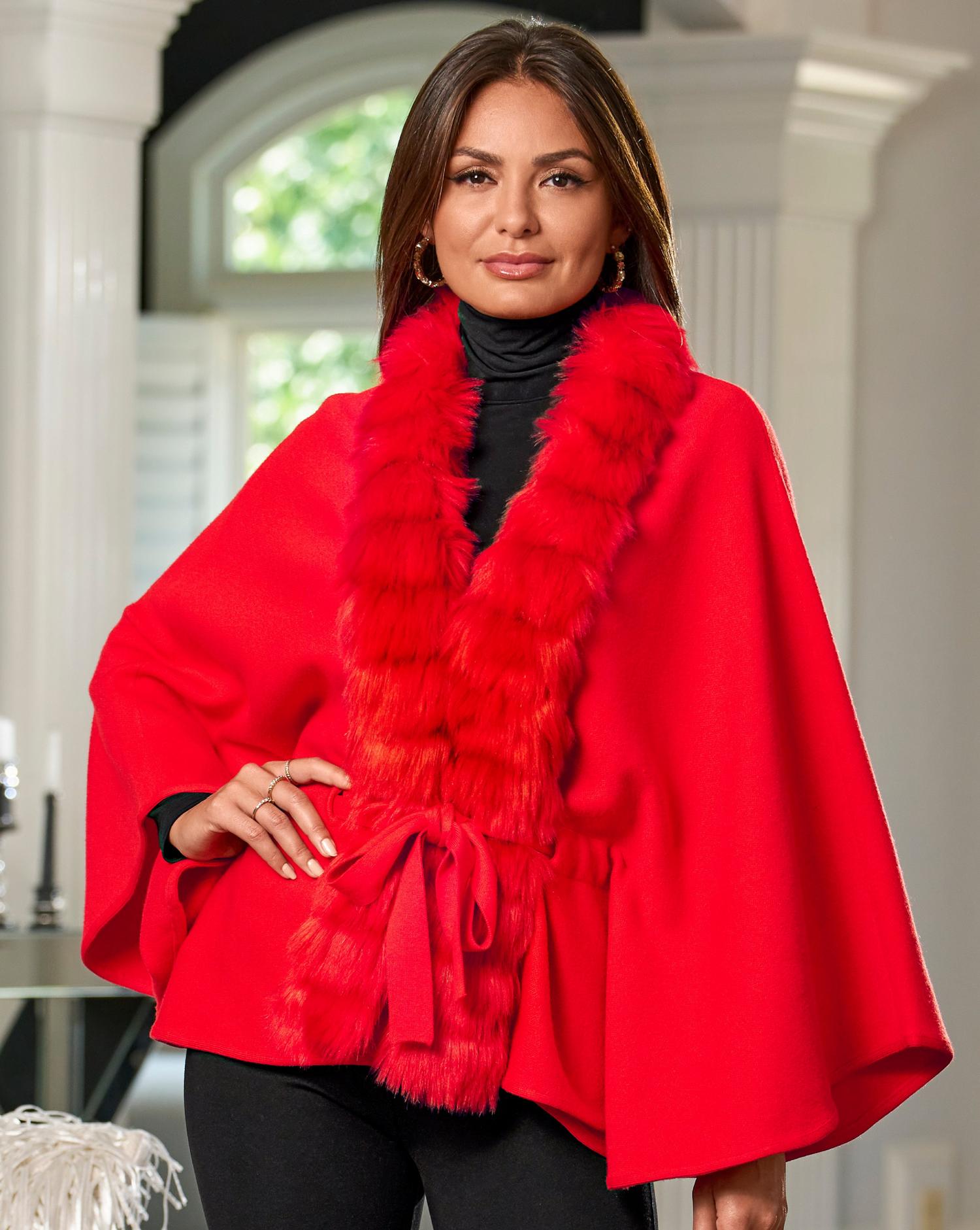 Faux Fur Tie Waist Poncho Racing Red | Boston Proper