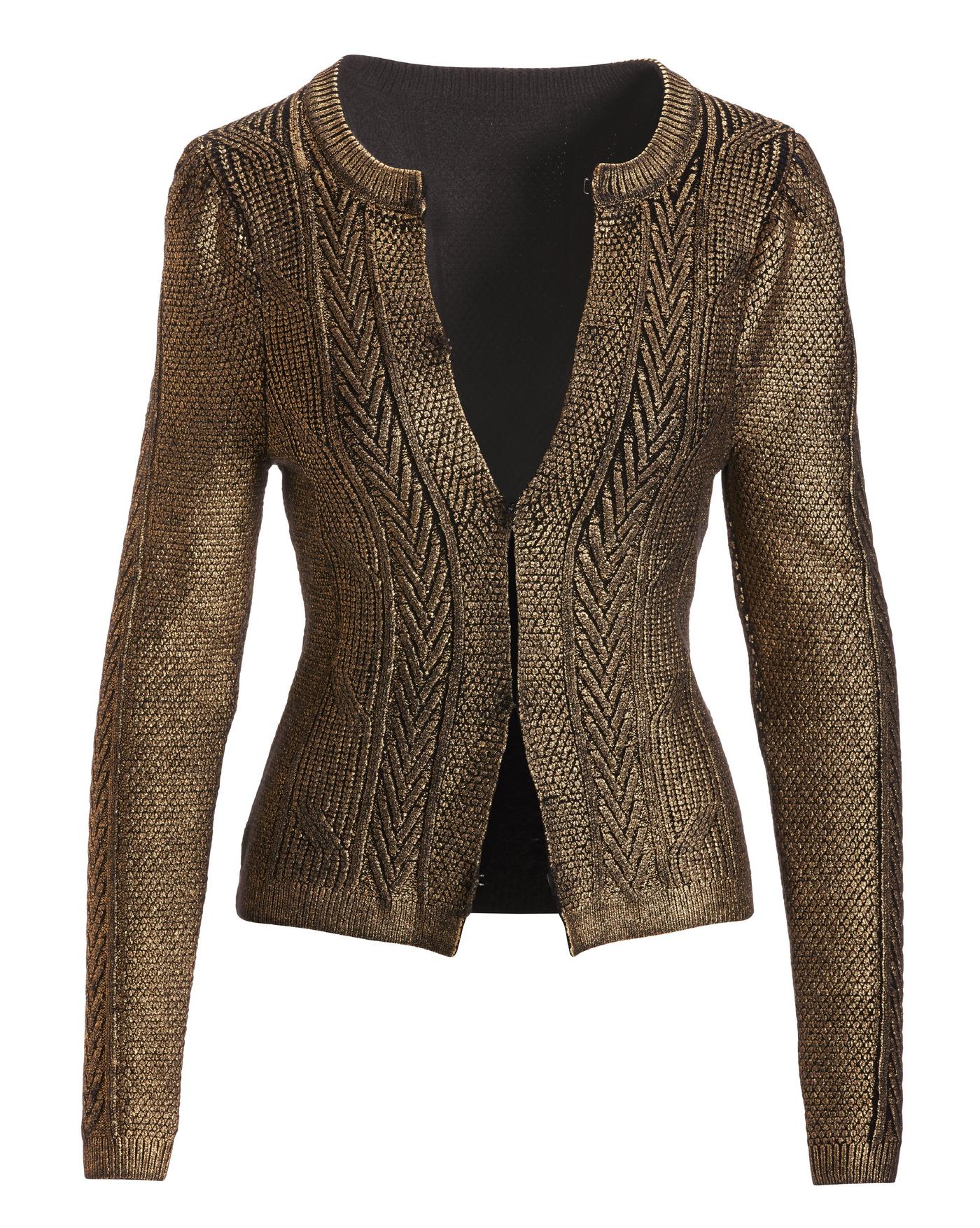 Metallic Foil Cable Cardigan Black Gold Boston Proper