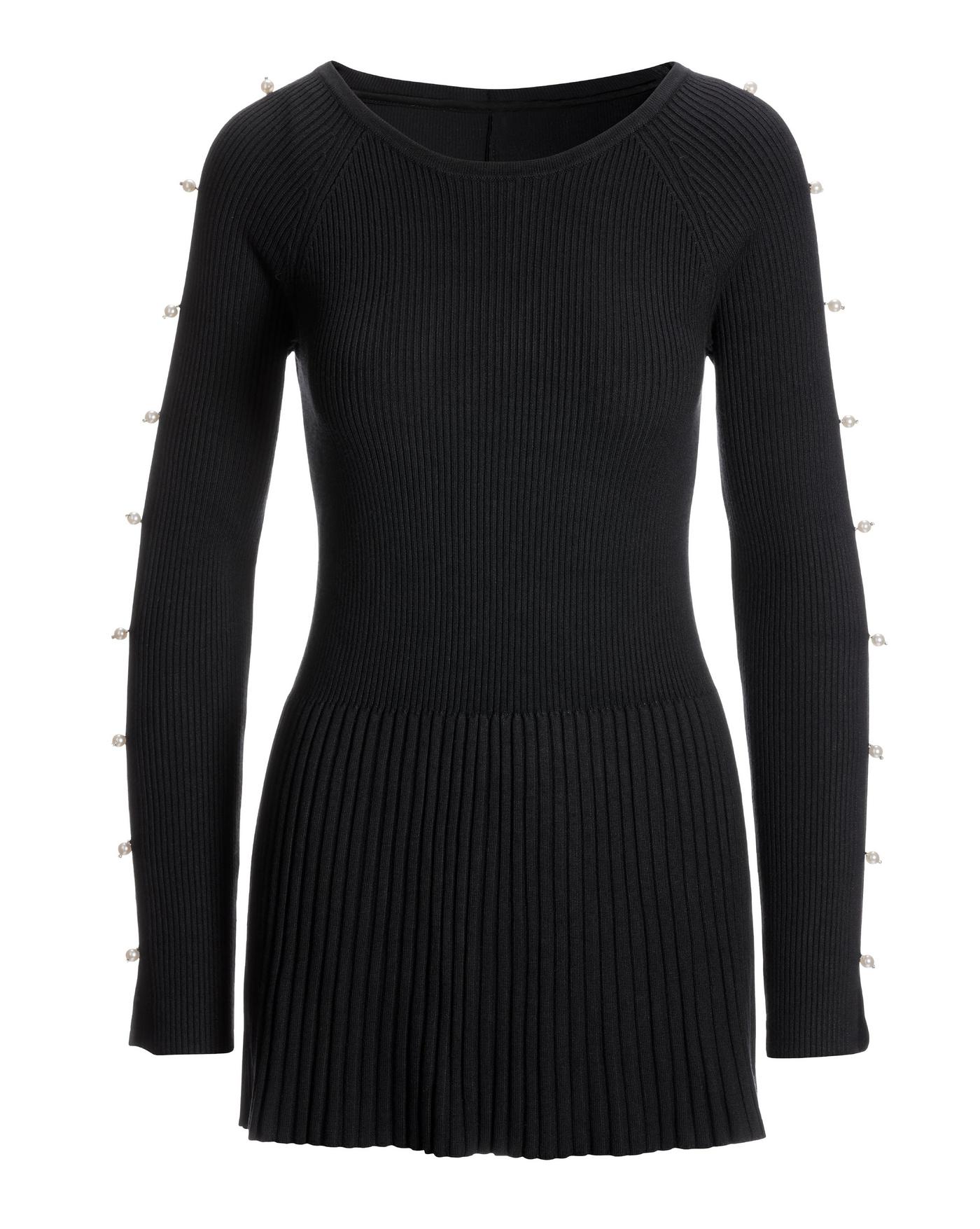 Pearl Embellished Open Sleeve Ribbed Sweater Tunic Black