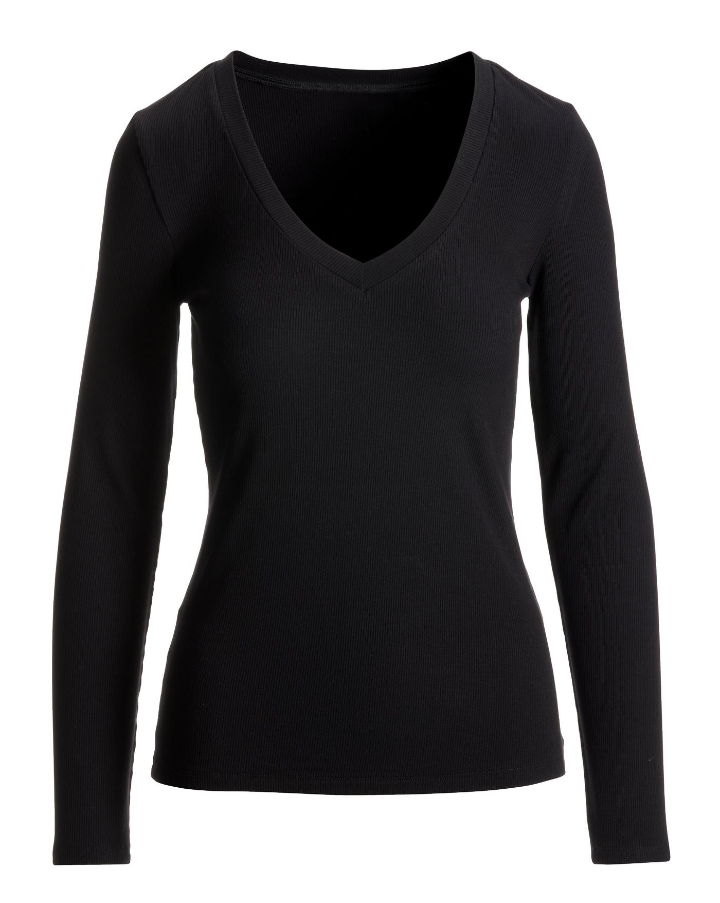 Ribbed Long Sleeve V-Neck Top Black