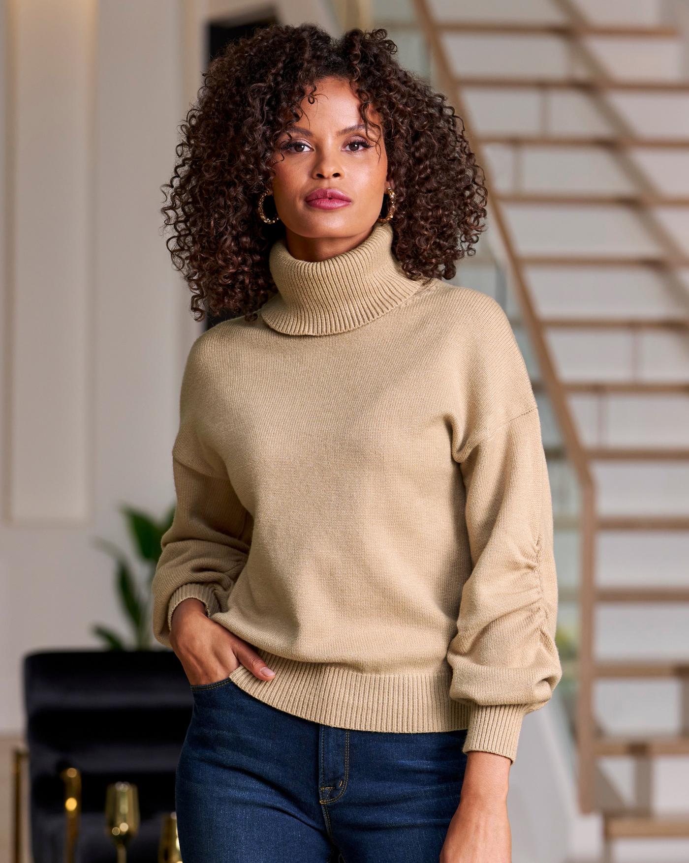 Ruched Sleeve Turtleneck Sweater - Sesame | Boston Proper