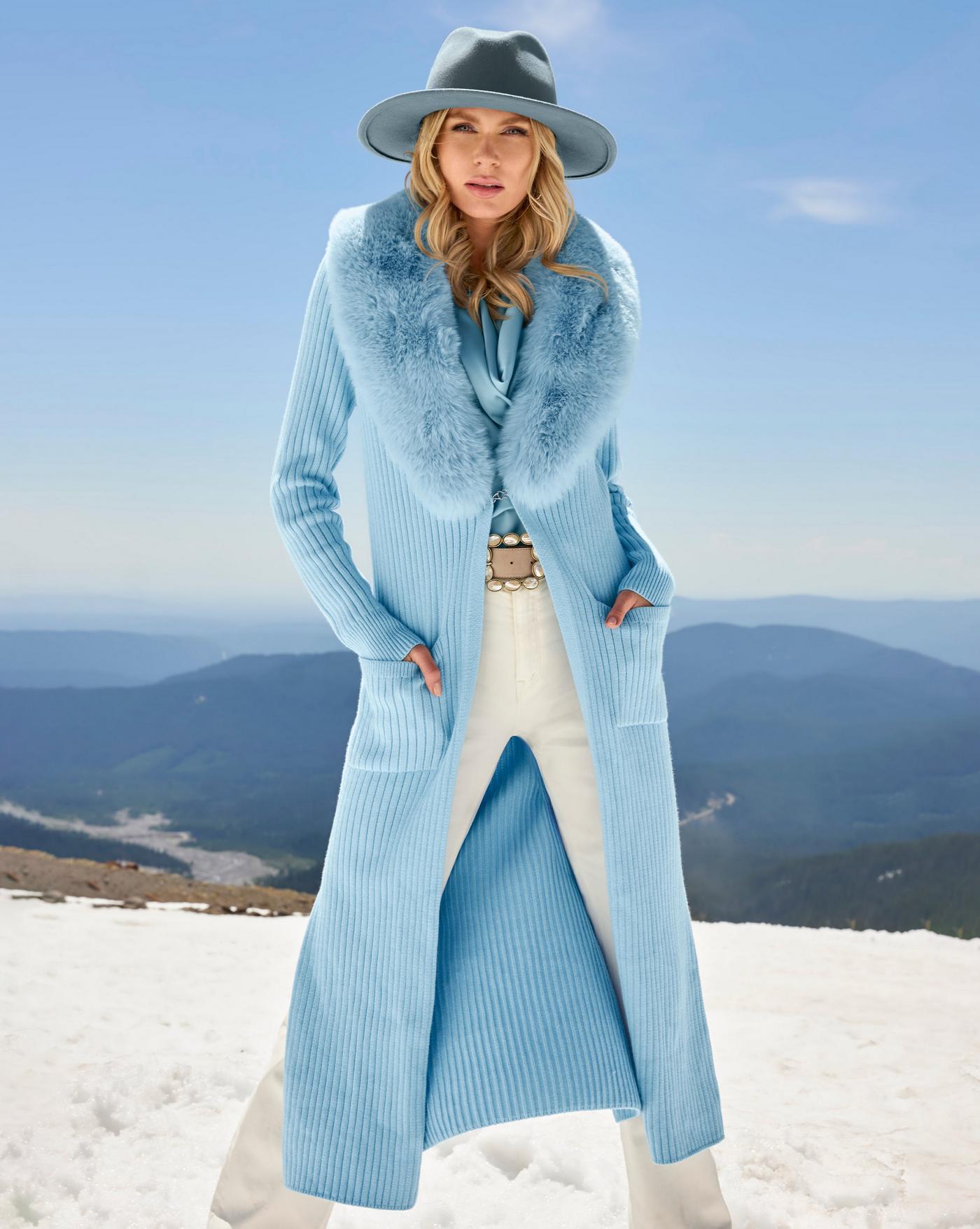 Faux Fur Collar Ribbed Long Cardigan - Airy Blue