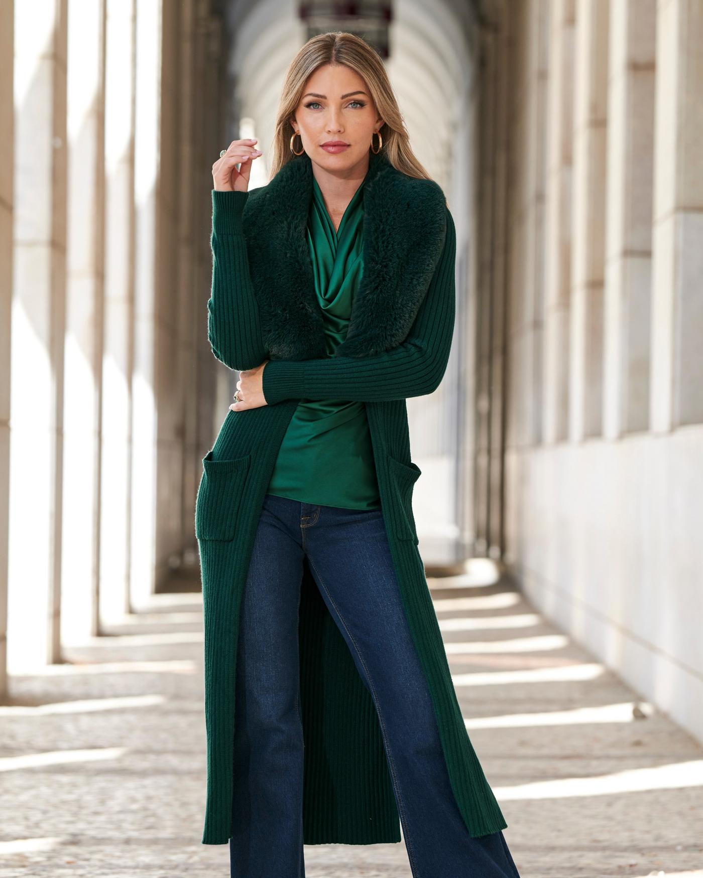 Faux Fur Collar Ribbed Long Cardigan - Deep Emerald | Boston Proper