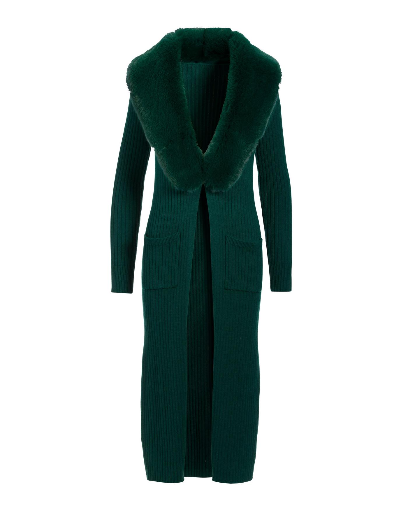 Faux Fur Collar Ribbed Long Cardigan Deep Emerald