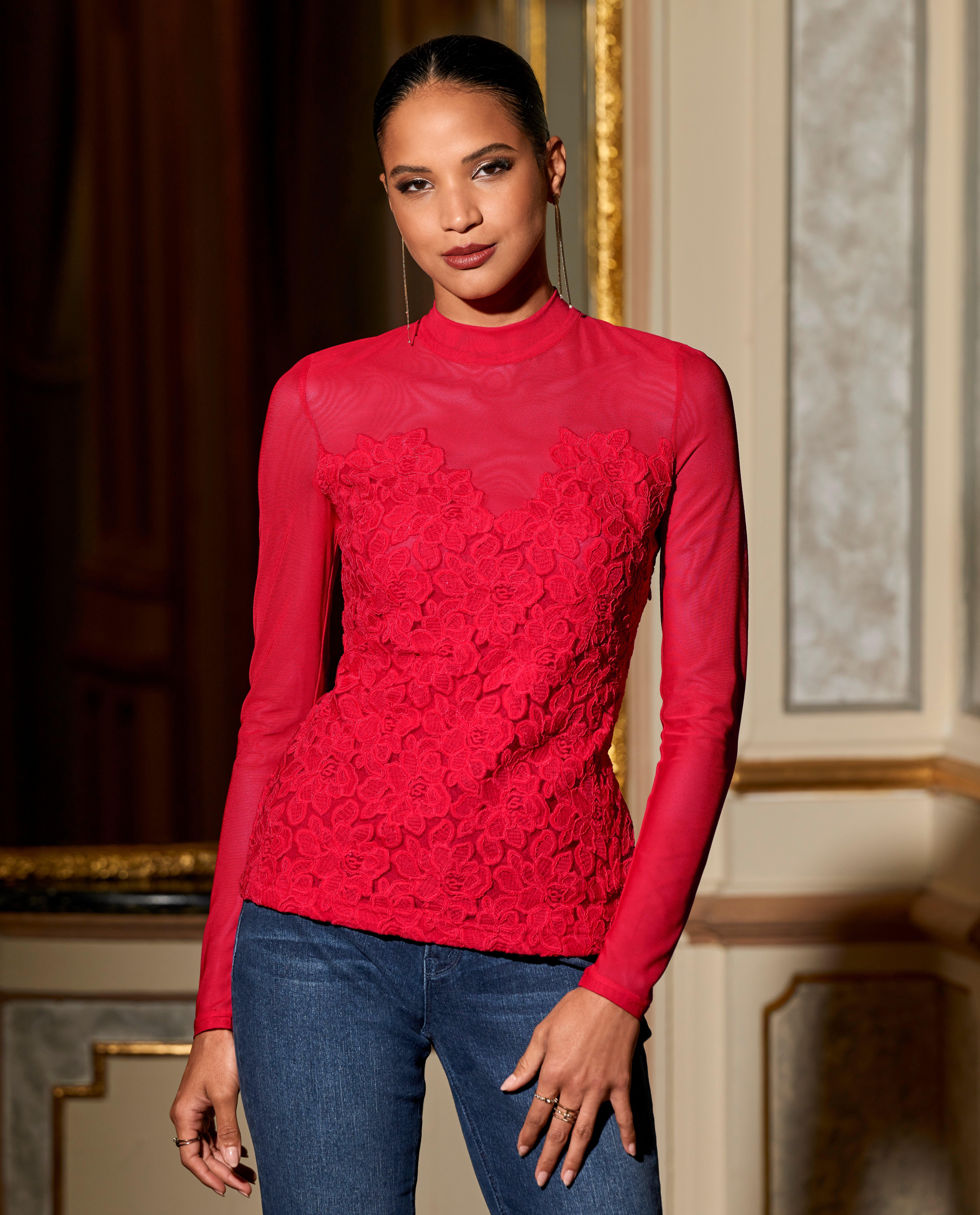 red high neck lace top