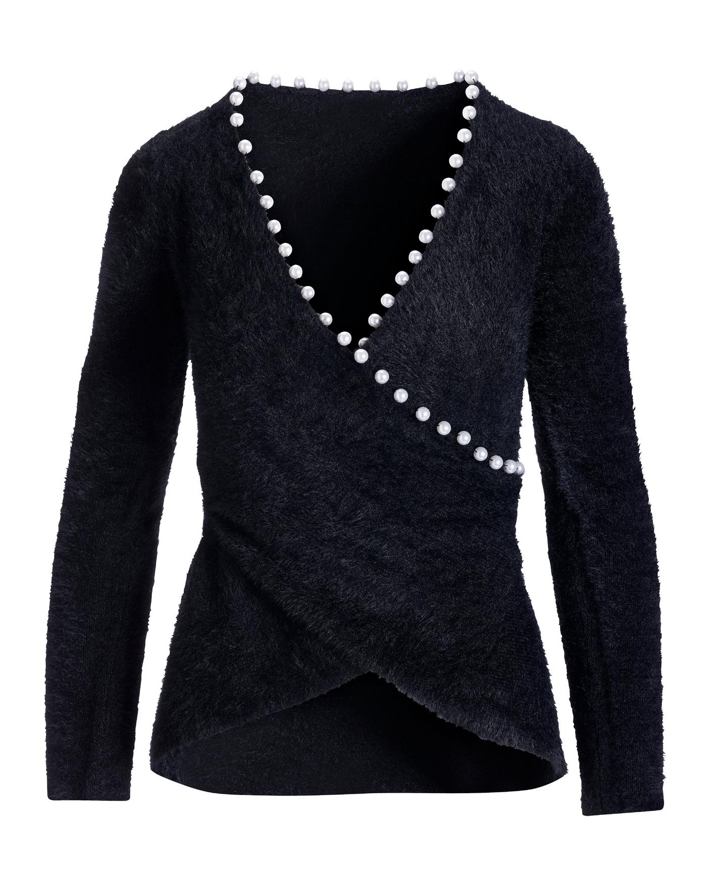 Pearl Trim Plush Surplice Sweater - Black