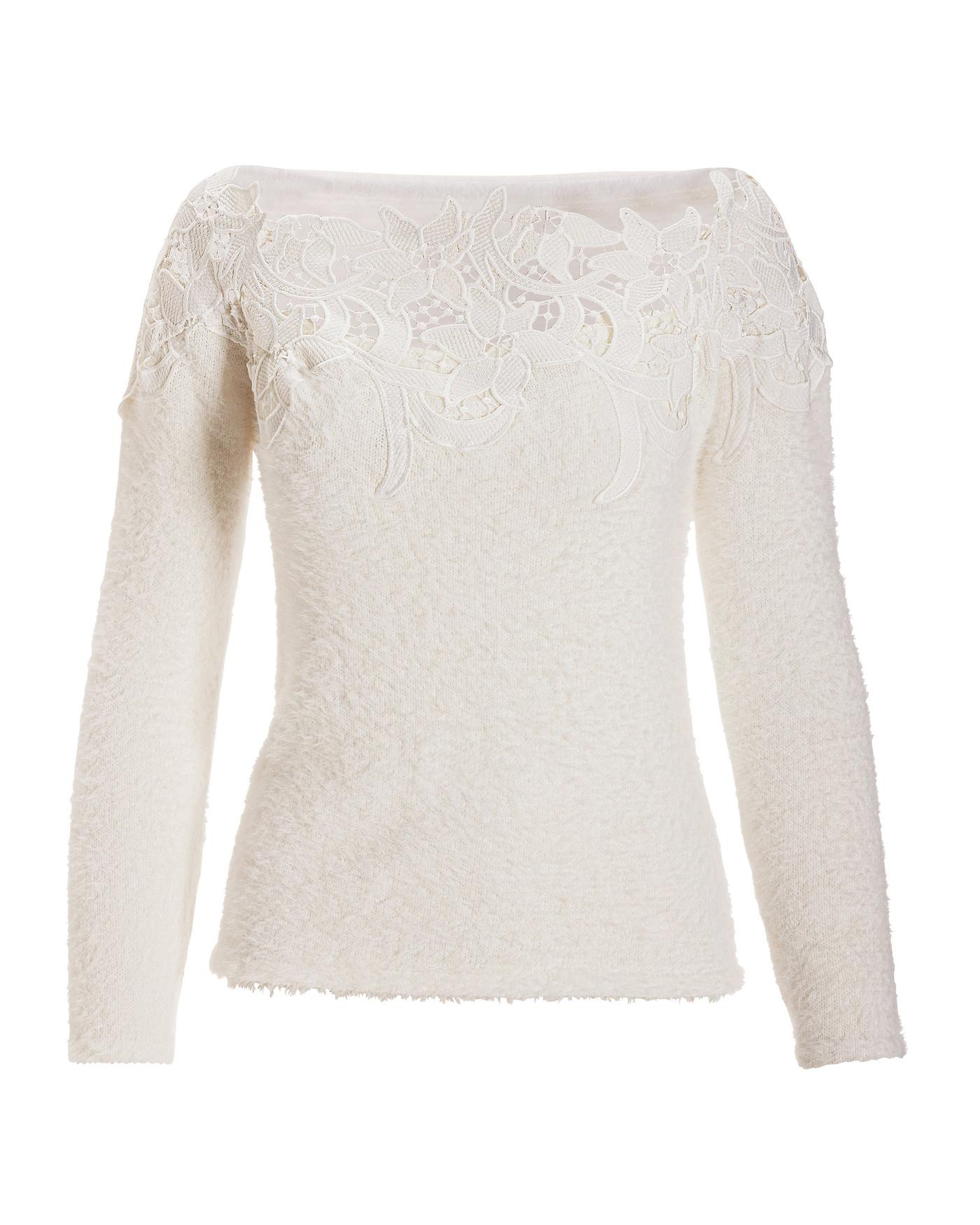 Lace Trim Plush Sweater - Off White | Boston Proper