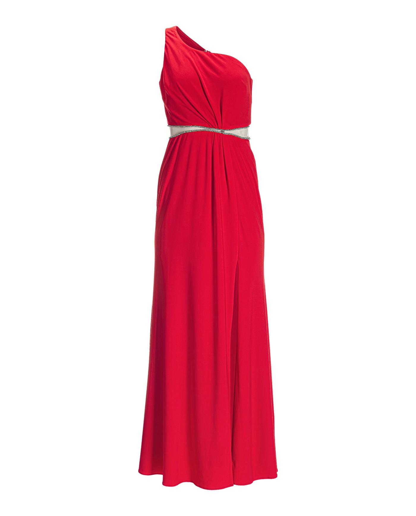 One Shoulder Crystal Embellished Knit Racing Red Proper Gown | - Boston