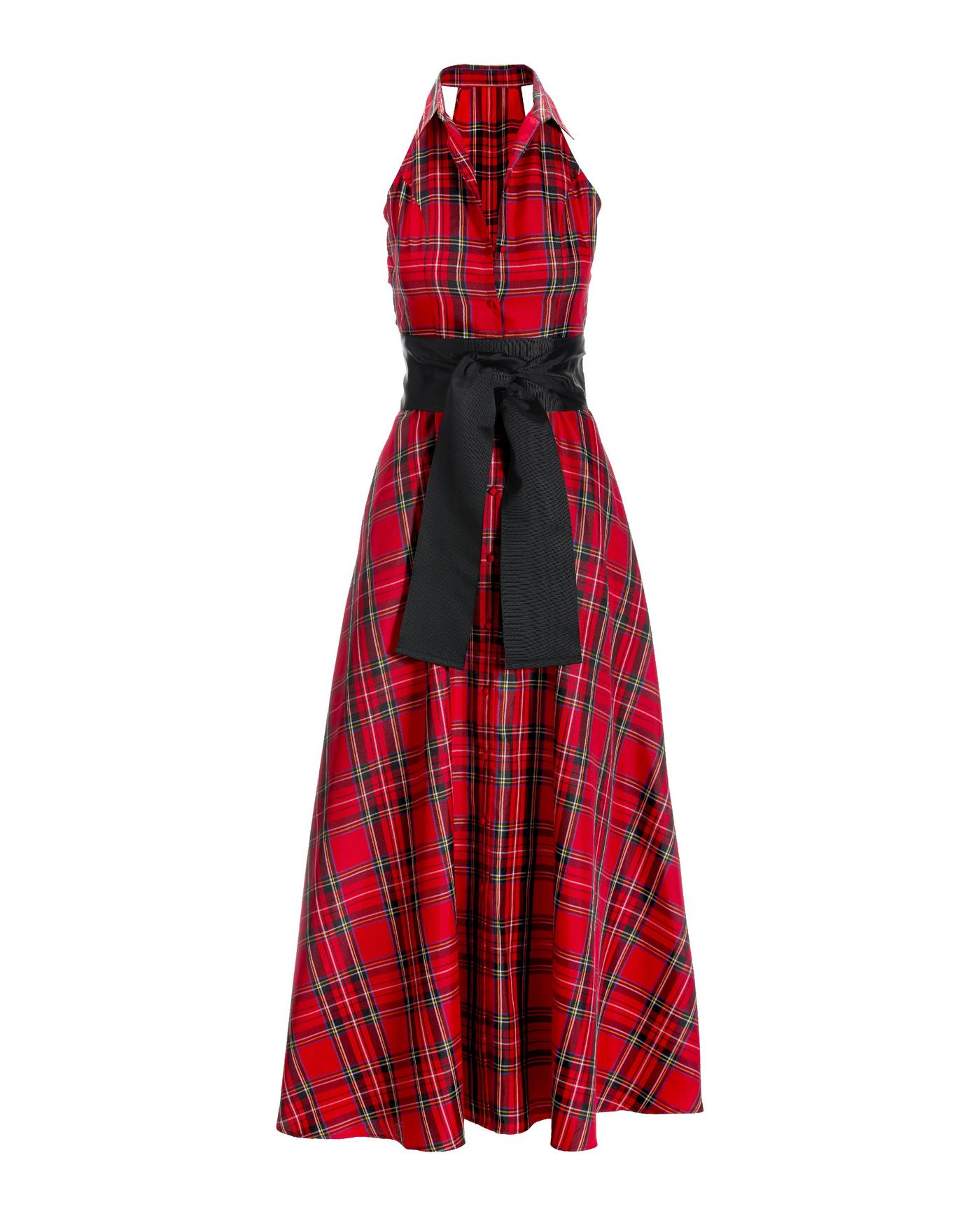 Classic Plaid Fit and Flare Halter Shirt Dress Red Multi