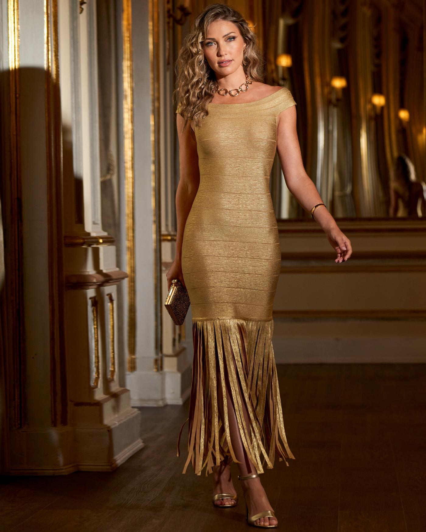 Fringe Trim Metallic Bandage Dress - Gold