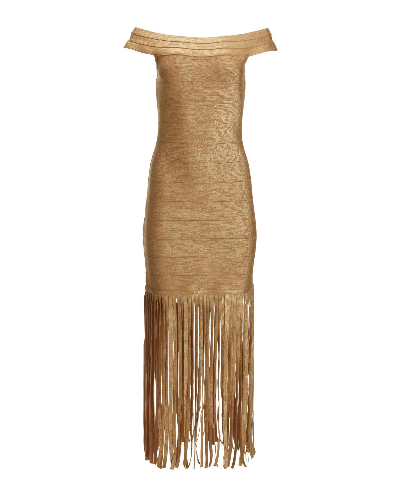 Fringe Trim Metallic Bandage Dress - Gold