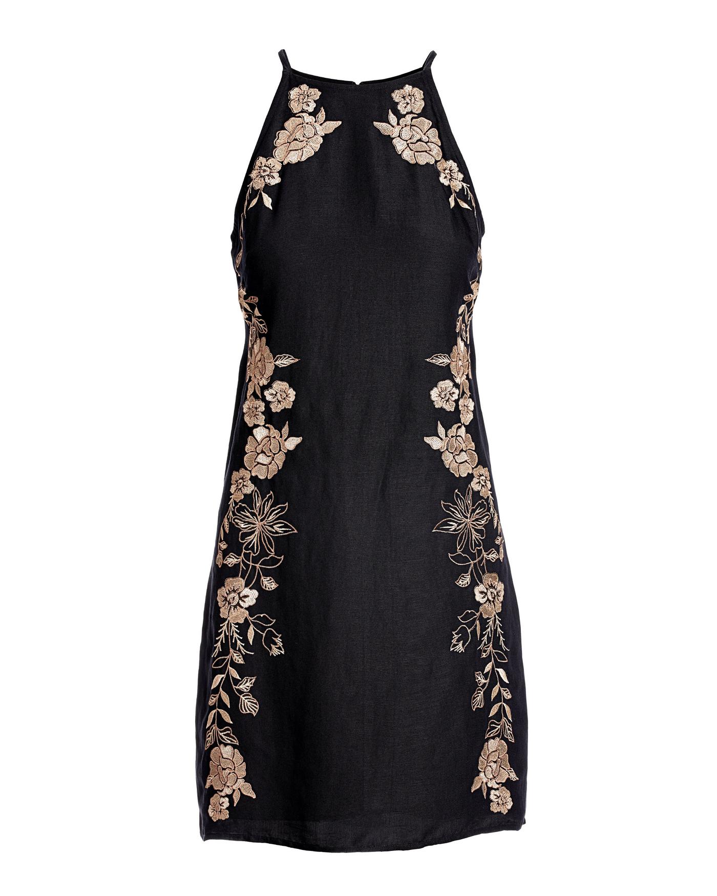 Embroidered Linen Halter Shift Dress Black Multi