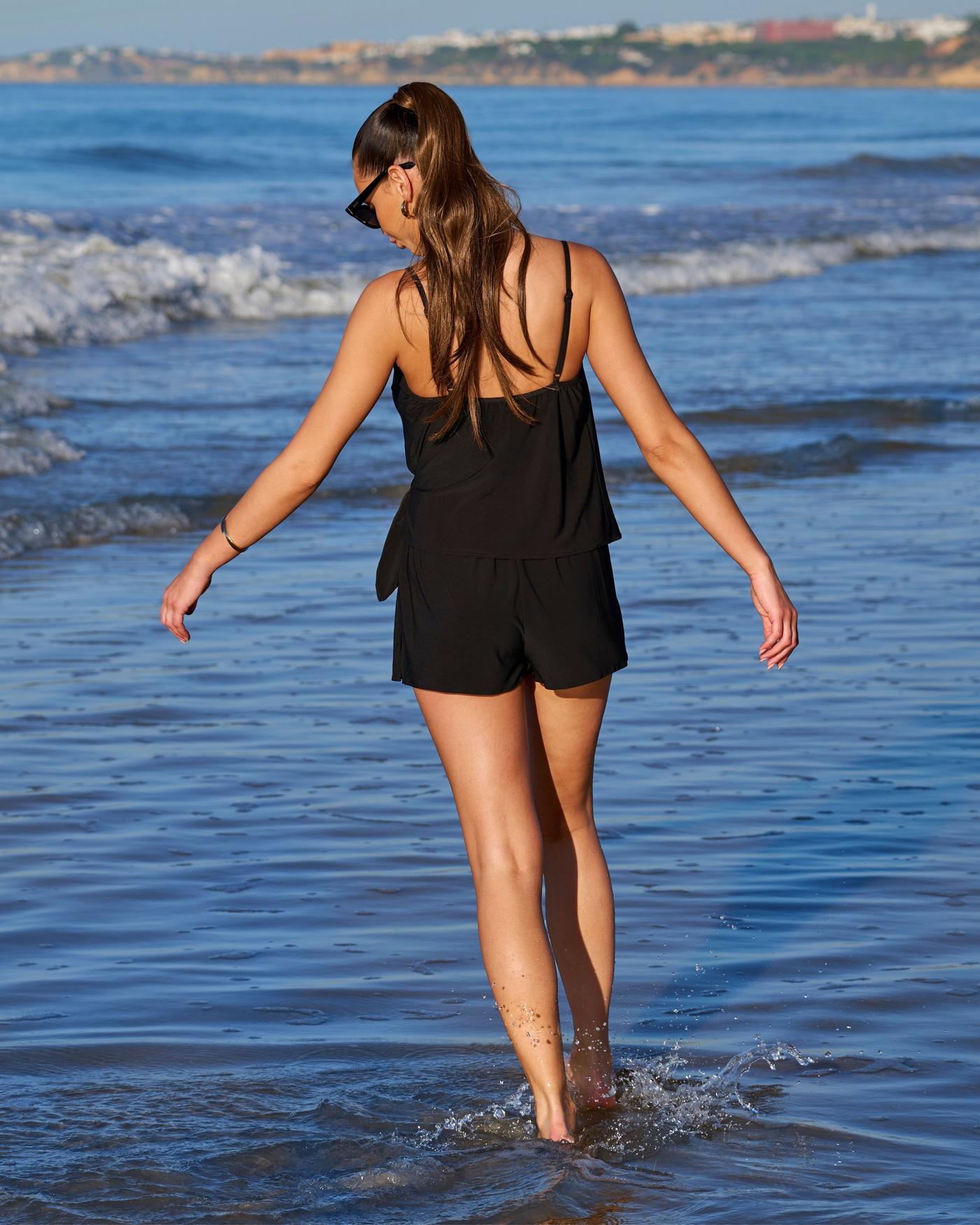 Side Tie Swim Romper Black