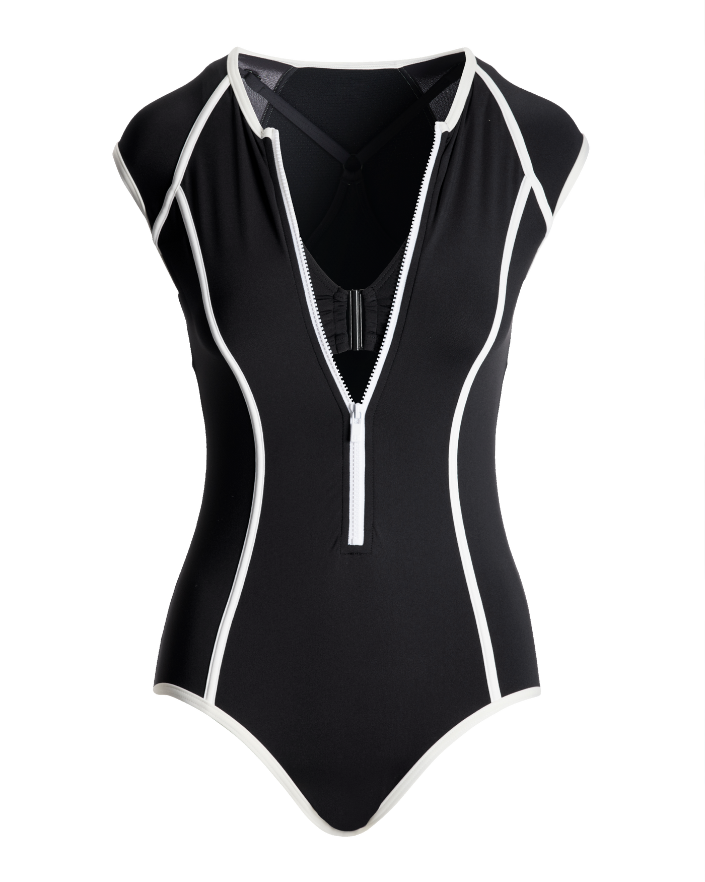 Black shops and white zip swimsuit