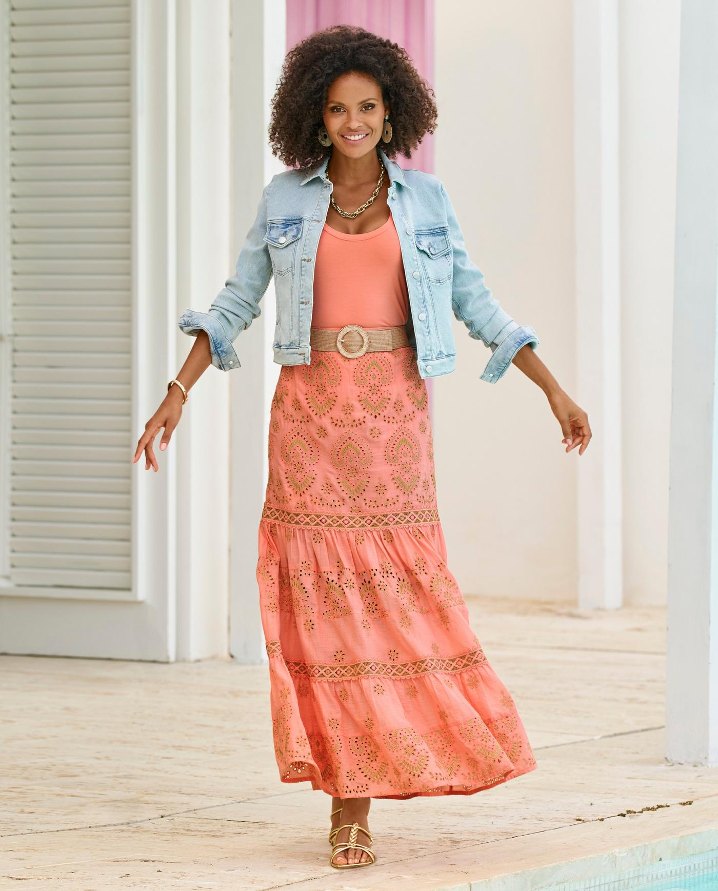 Eyelet Ruffle Maxi Skirt